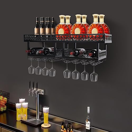Miniatura 8 de Estante de vino y soporte para copas de pared de 2 capas, estante de almacenamiento de copas de vino con 8 botellas de vino, soporte de exhibición