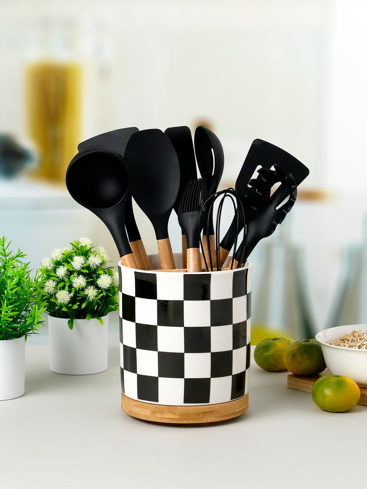 LoeJan 3 Compartment Utensil Holder, Extra Large Utensil Crock, Stable Ceramic Utensil Organizer - Image 3
