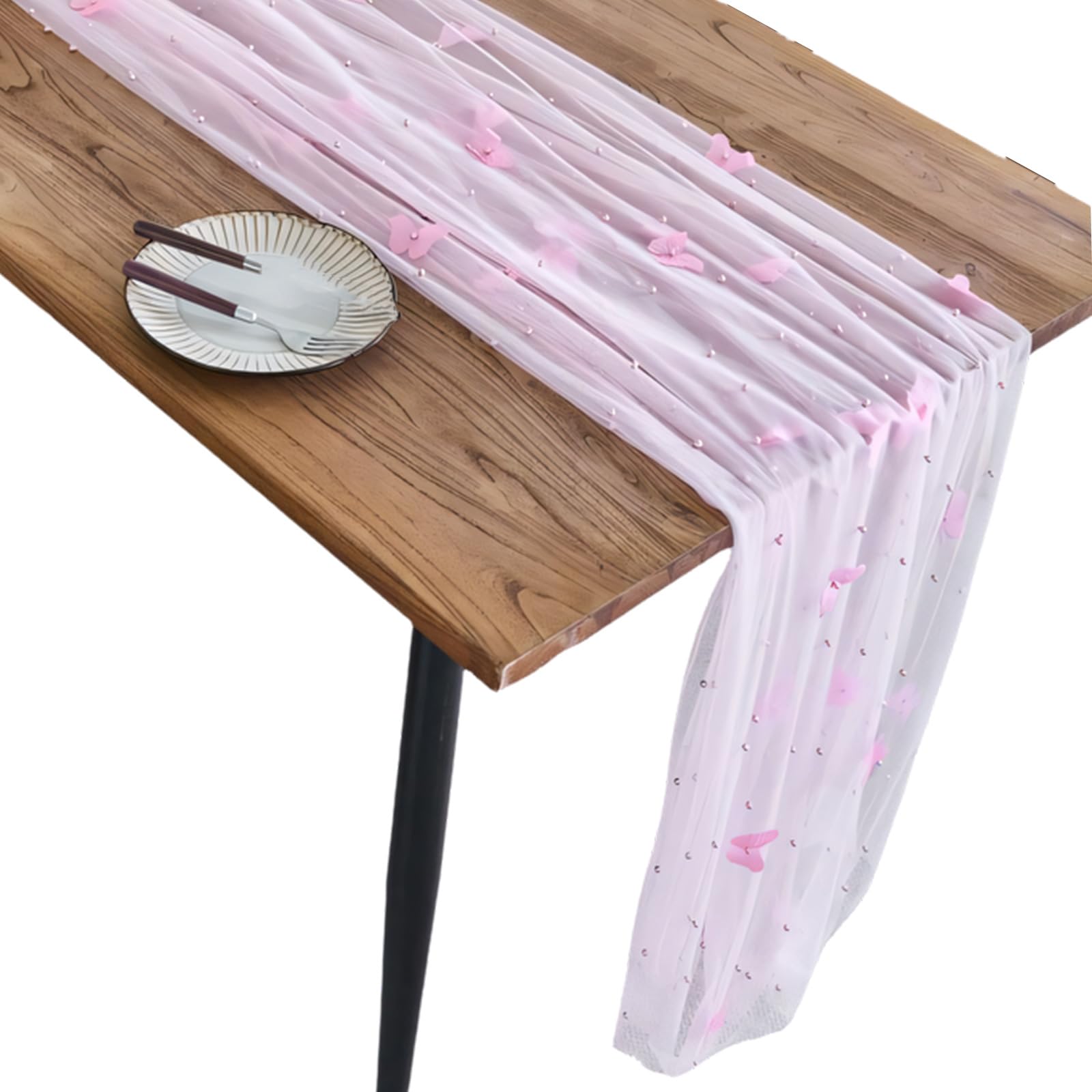 SXRQ Table Runner with Pearl Beaded and Embroidery 3D Butterfly Sheer Tulle Fabric Tablecloth for Dining Decors Sheer Tulle Runner