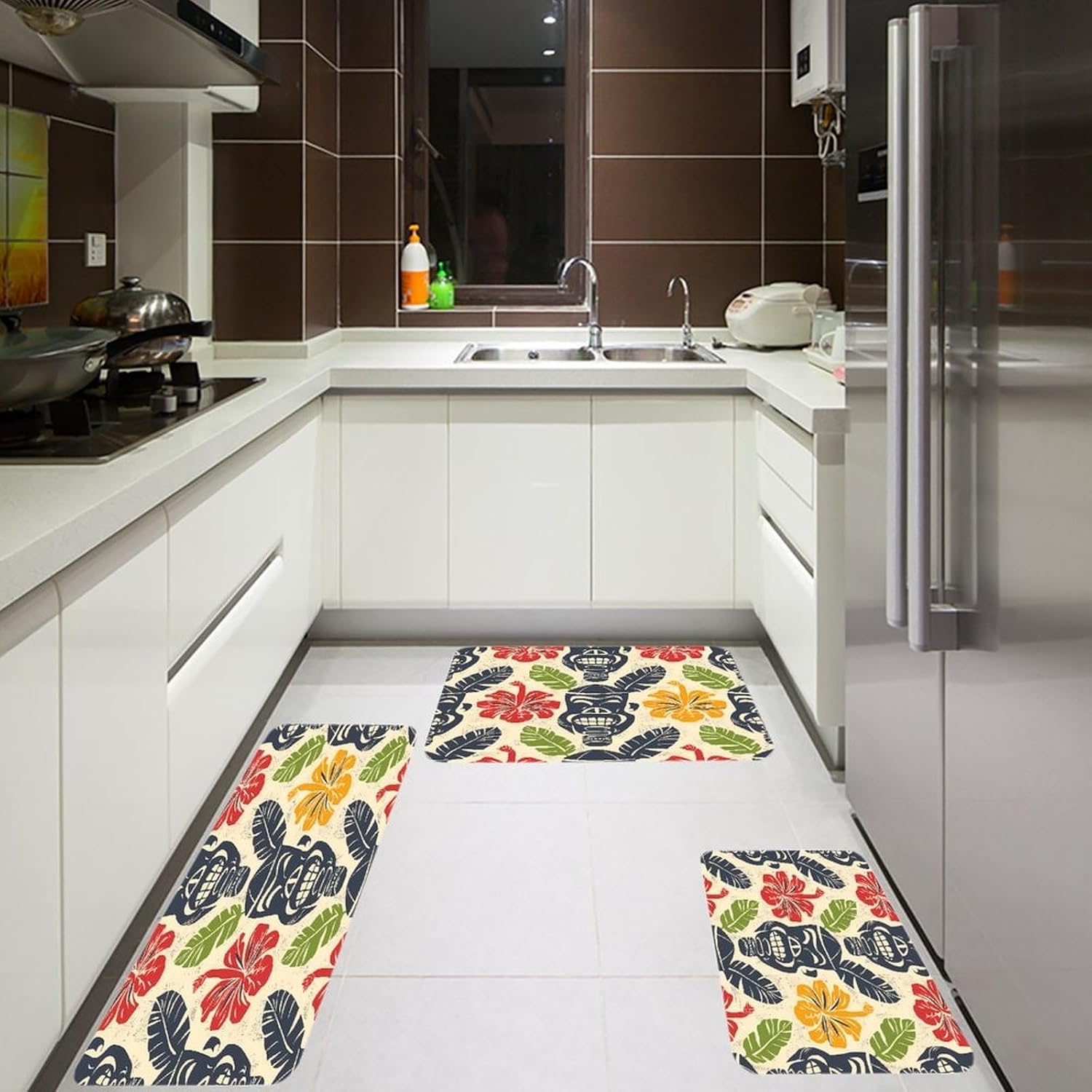 Aloha Tiki Pattern Kitchen Rugs Sets of 3 Washable Non Slip Kitchen Rug Water Resistant Carpet Piece Anti Fatigue Kitchen Mats Soft Comfort Standing Mat Modern Area Rug