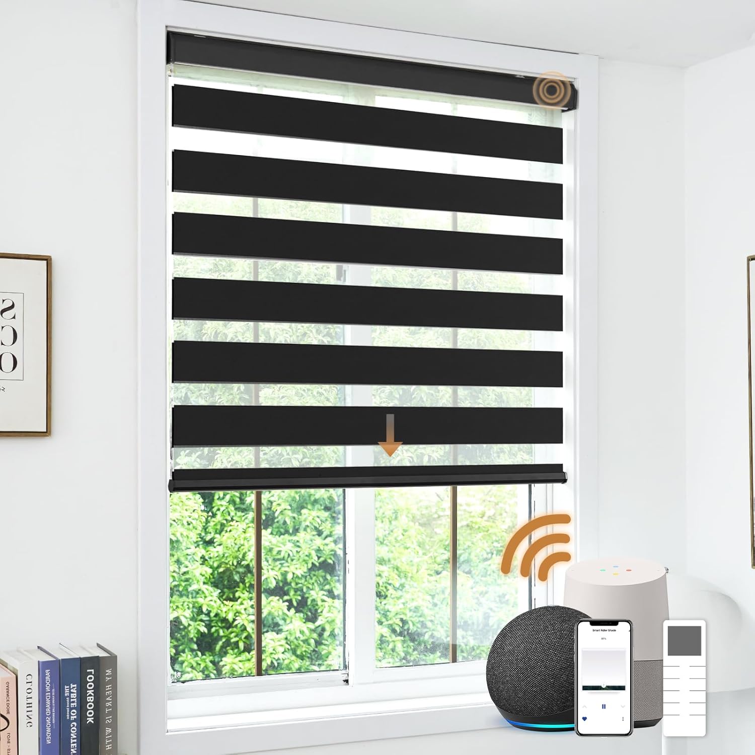 Motorized Zebra Blinds, Cordless Blackout Window Shades with Remote, Custom Dual Layer Smart Roller Shades Compatible with Alexa Google Assistant, Automatic Light Filtering Blinds,Luxury White