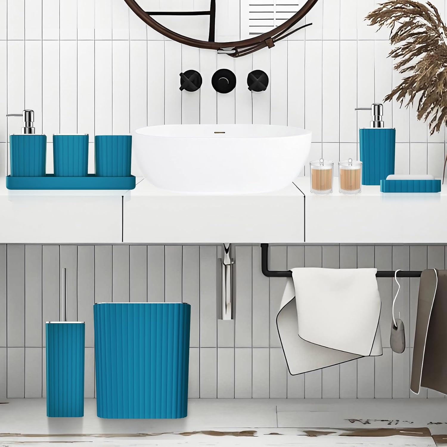 Bathroom Accessories Set - 26PC Gorgeous Teal Bathroom Set, Bathroom Accessory Set, Shower Curtain Set with Bathtub Mats for Shower Tub, Trash Can & Soap Dispenser
