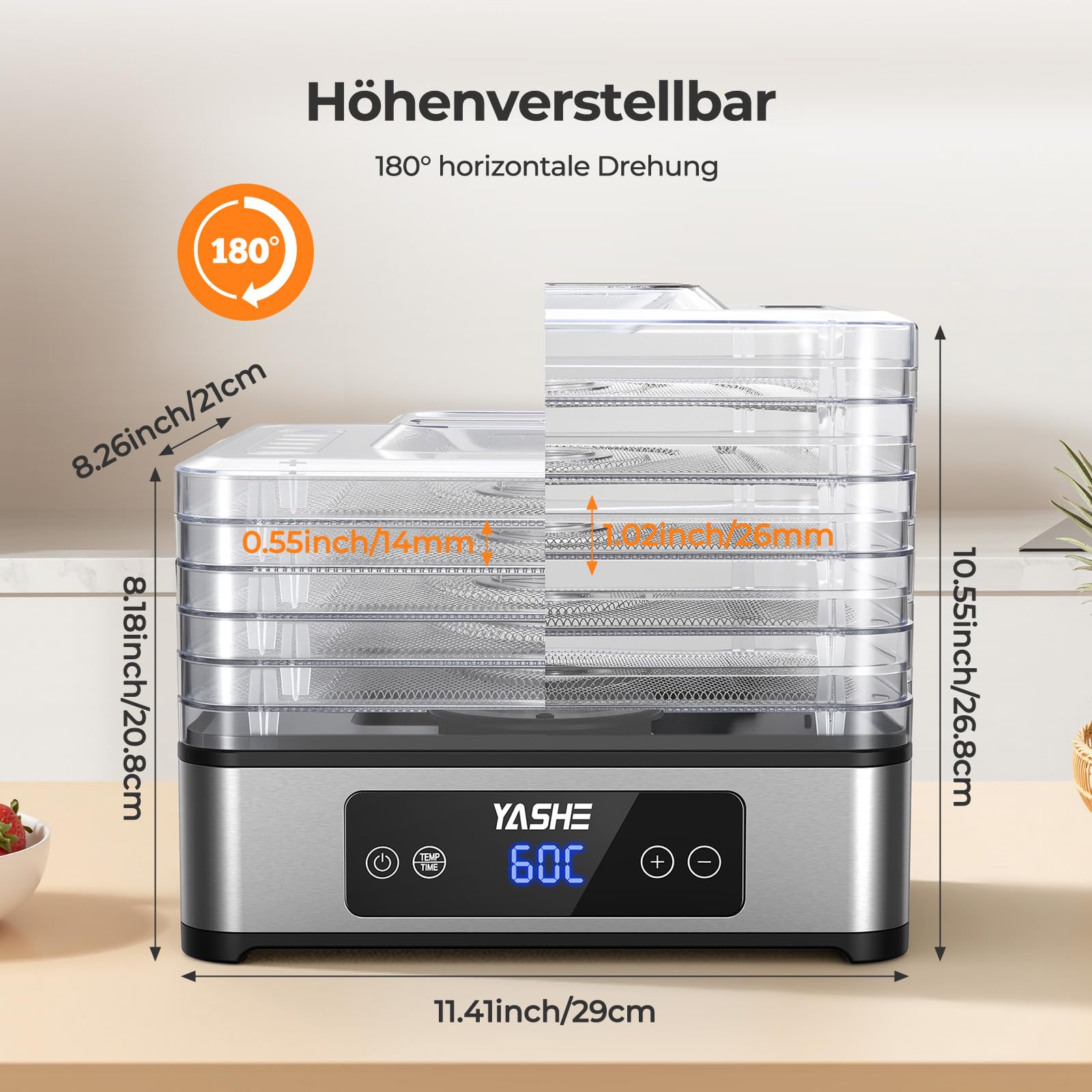 YASHE Dörrautomat, 5 Edelstahl-Dörrgitter, Einstellbarer Timer & Temperatur, 360° Luftzirkulation, BPA-frei, 400W Dörrgerät für Jerky, Früchte, Kräuter, Hundesnacks