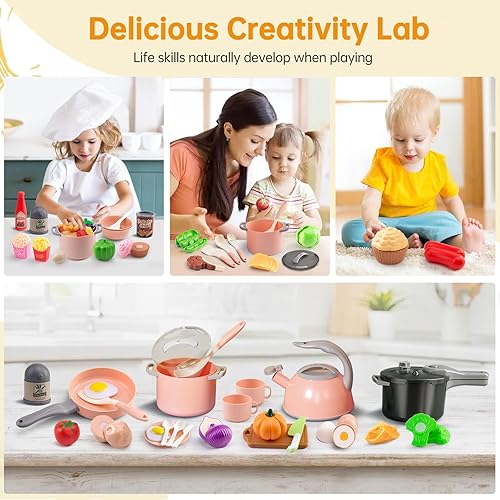 Miniatura 86 de Juego de cocina de 130 piezas, ollas de juego de cocina para niños, sartenes, utensilios de cocina, alimentos diarios, frutas y verduras, cesta