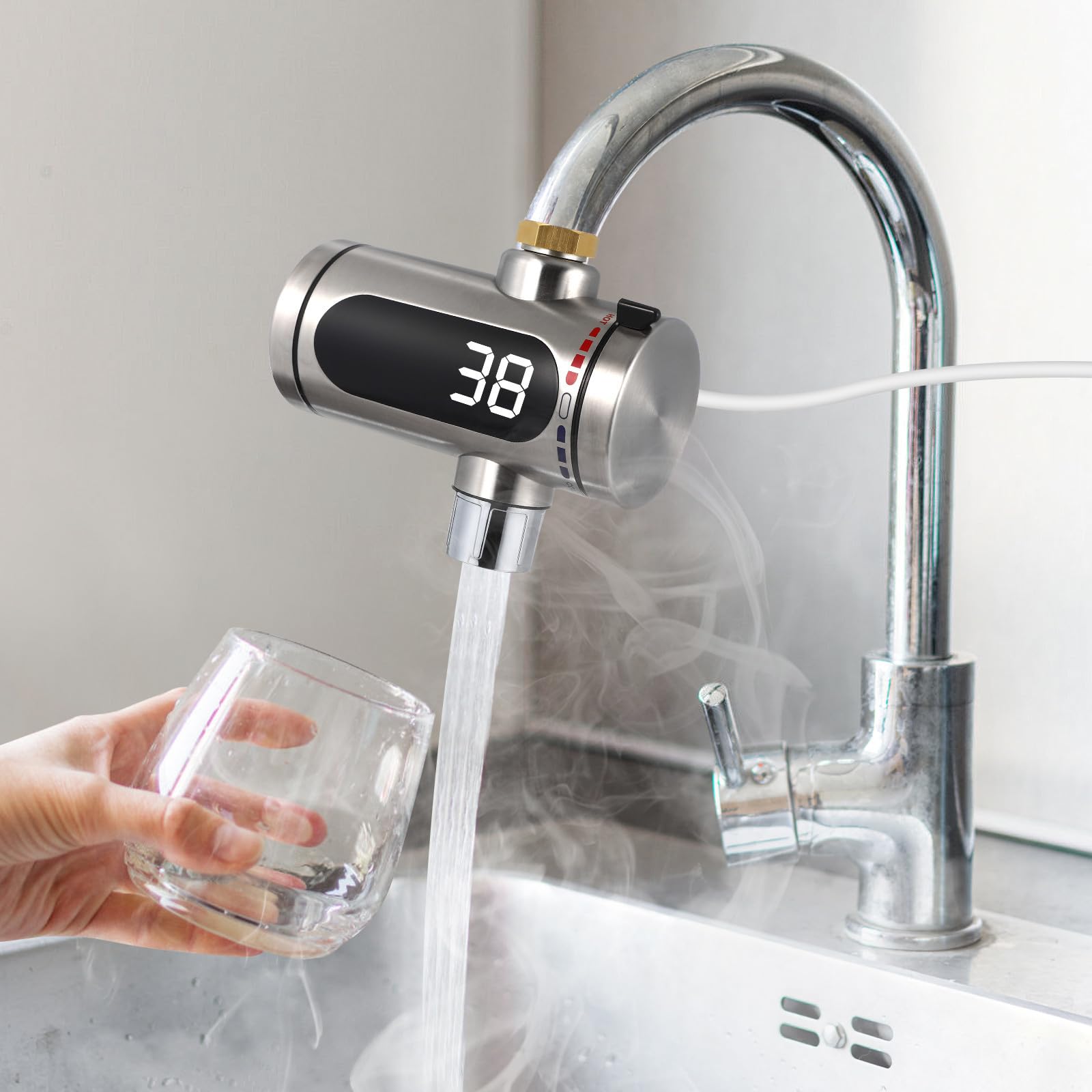 Beavorty Rubinetto Scaldacqua Elettrico Istantaneo in Acciaio Inossidabile con Display Digitale LED e Serpentina Integrata, per Cucina e Patio