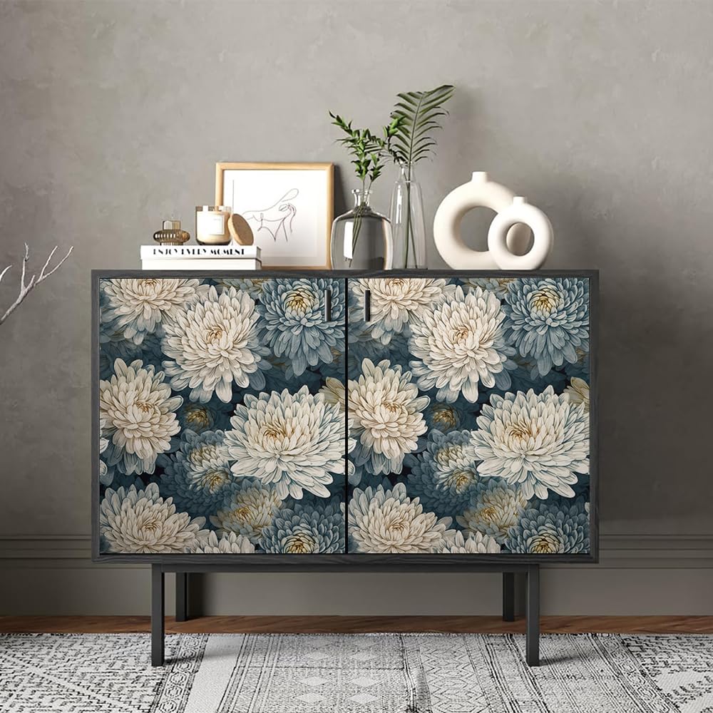 REDAMANCY White Blue Green Chrysanthemum Floral Navy Plants Peel and Stick Wallpaper Stick on Contact Paper Vintage Wall Paper Easy Peel Off for nightstand Drawer Cabinet Renter - Image 4