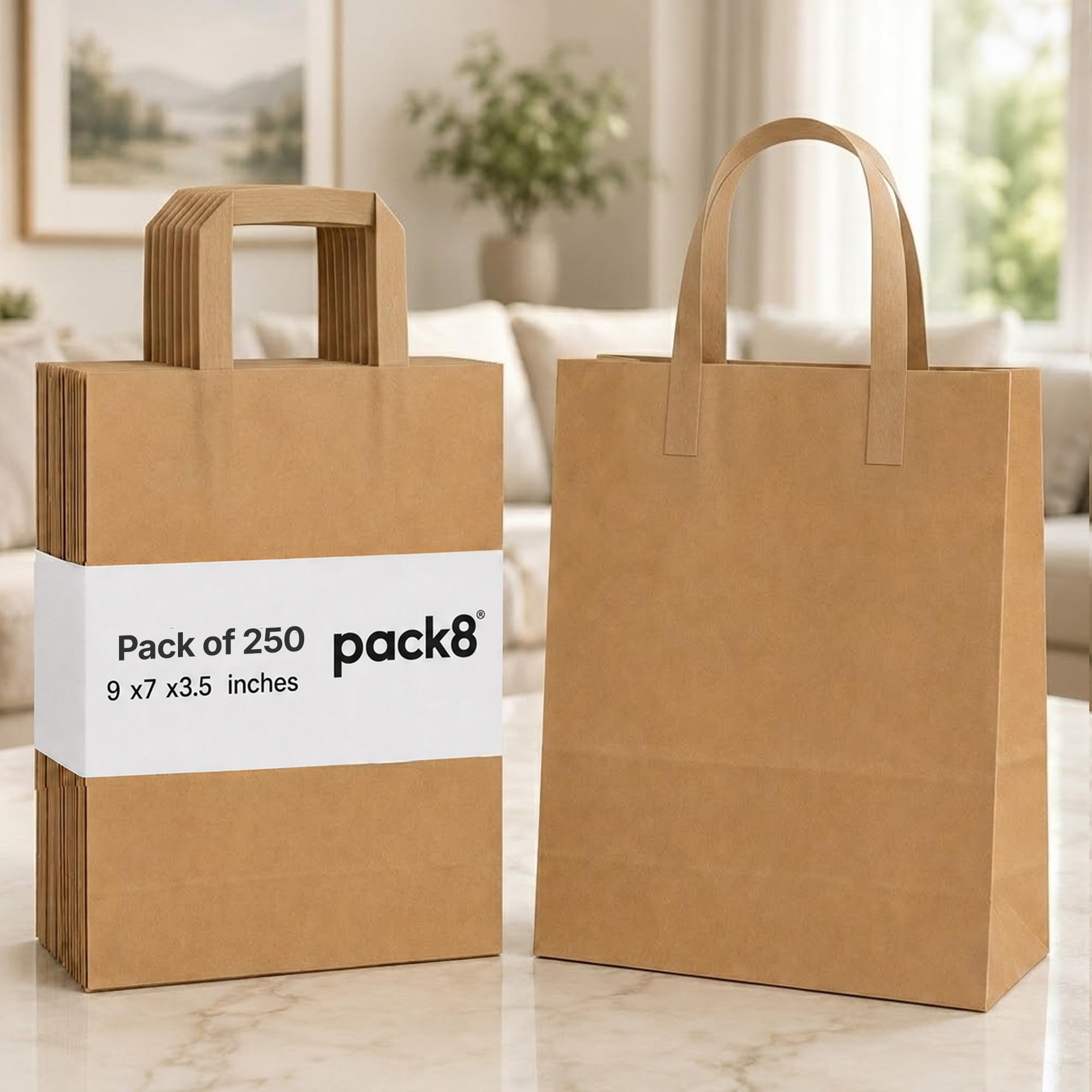 Pack8 Small Brown Eco-Friendly Kraft Paper Bags with Handles 80gsm Strong Carrier Bags for Grocery, Takeaway Food, Retail Shopping, Gift Packaging (Pack 250)