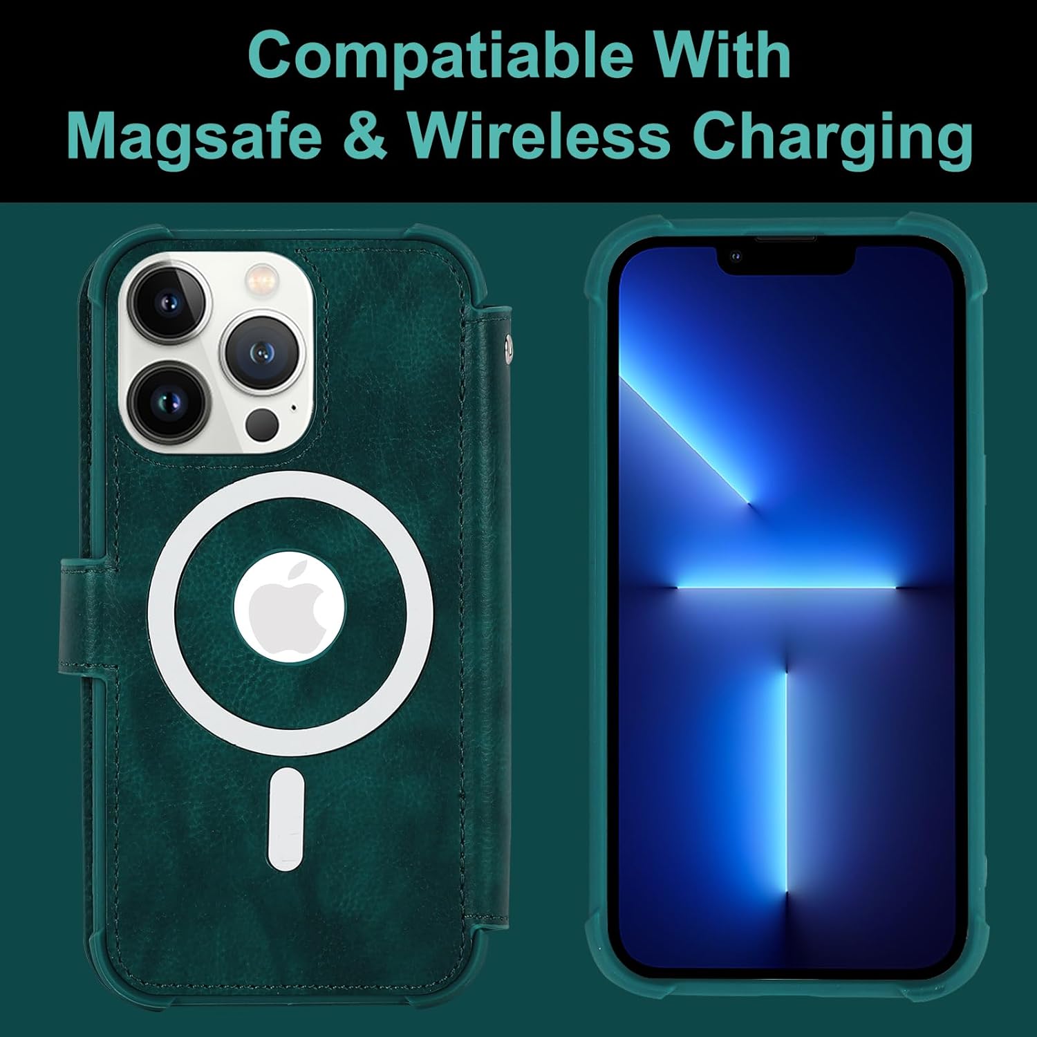 VANAVAGY Compatible for iPhone 13 Pro Wallet Case for Magsafe Wireless Charging, PU Leather Flip Folio Phone Case with Wrist Strap RFID Blocking Card Holder Screen Protector,Midnight Green - Image 6