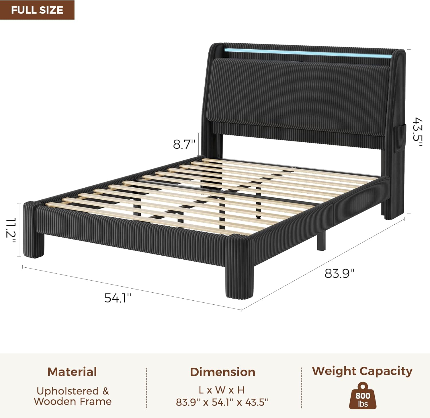 Upholstered Full LED Bed Frame with Hidden Storage Headboard and Charging Station, Corduroy Platform Bed with Wingback, Heavy Duty Wood Slats, No Box Spring Needed, Noise-Free, Black