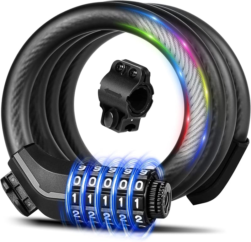 15mm Bike Lock Cable, Anti-Theft with Mounting Bracket | Resettable | Keyless 5-Digit Resettable Code | Waterproof | Bike Scooter