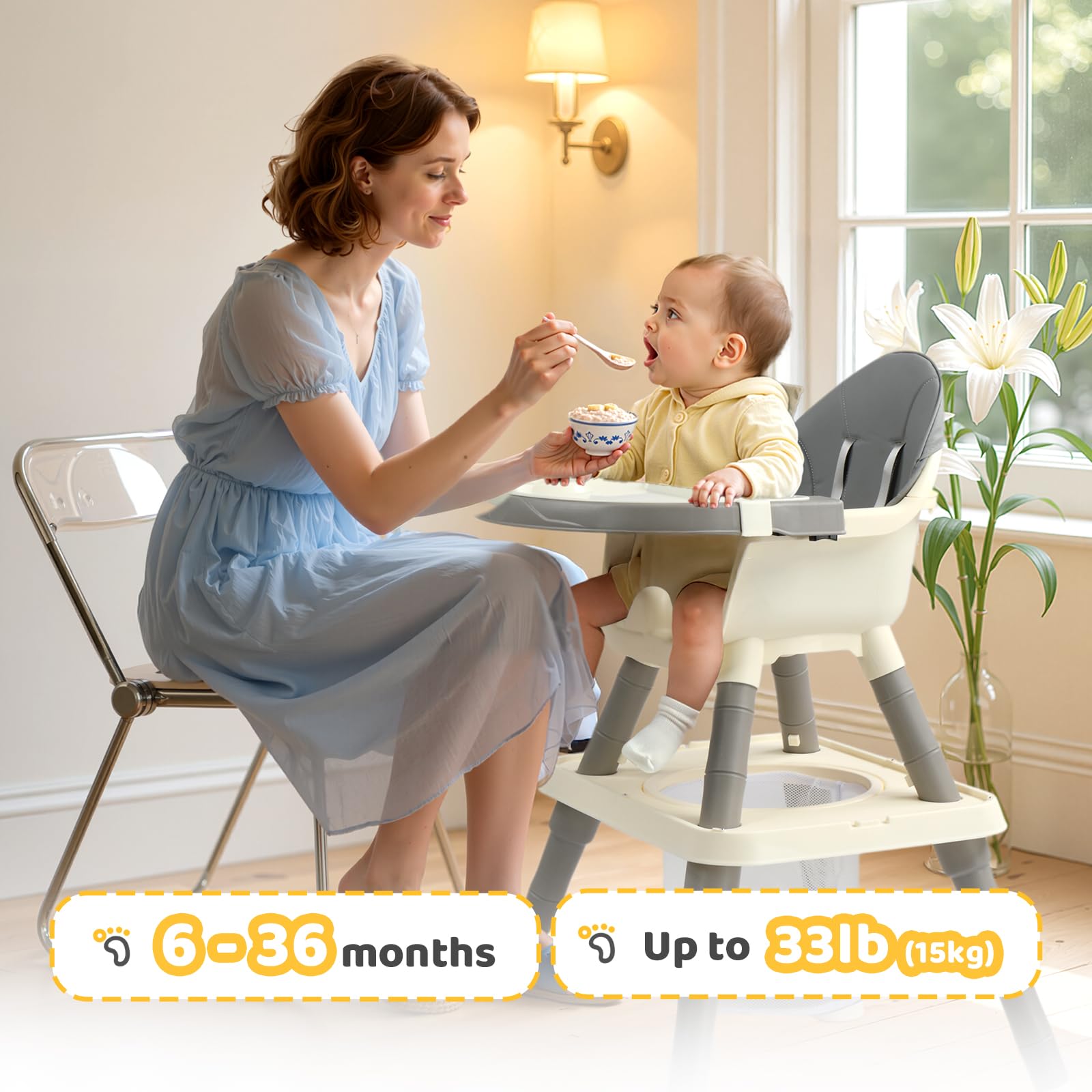 Bonnlo Baby Hochstuhl mit Liegefunktion, Hochstuhl Baby ab 6 Monate für Essen und Badewanne, Premium Babystuhl mit Goldrahmen, Inkl. Doppeltablett und Fußstütze, Bis 15 kg (Grau)