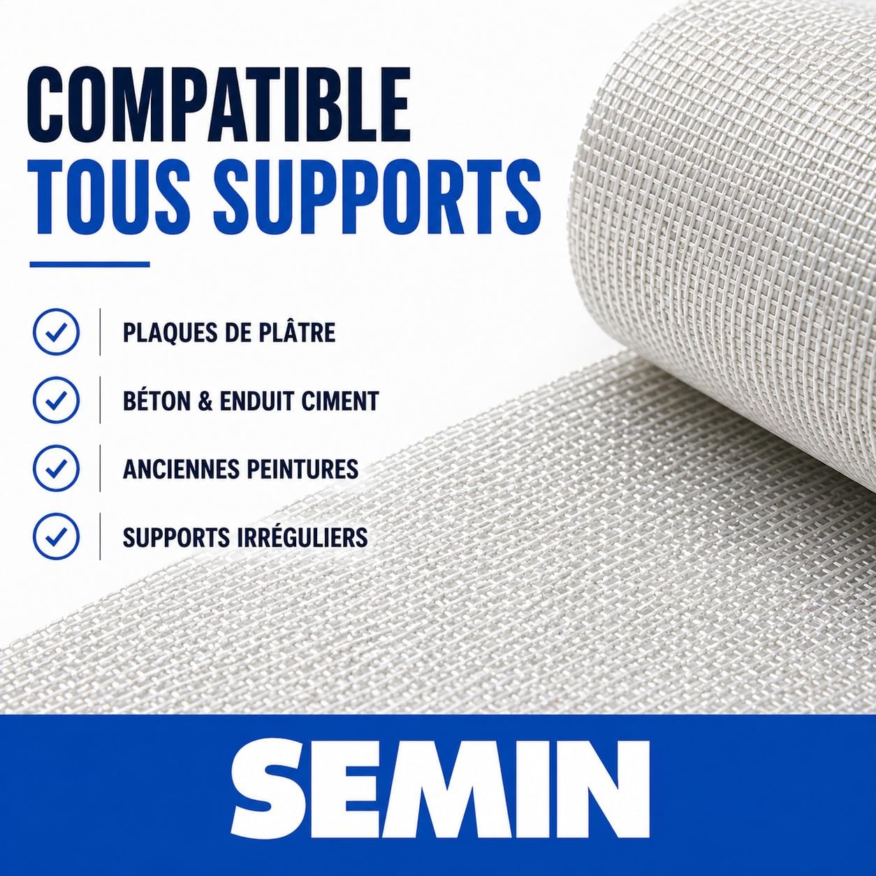 Semin FISS RENOV 95 g/m² – Tissu de Rénovation Mur & Plafond – Anti Fissures & Renfort Enduit – Fibre de Verre – Rouleau 50 x 1 m – Résistance Maximale