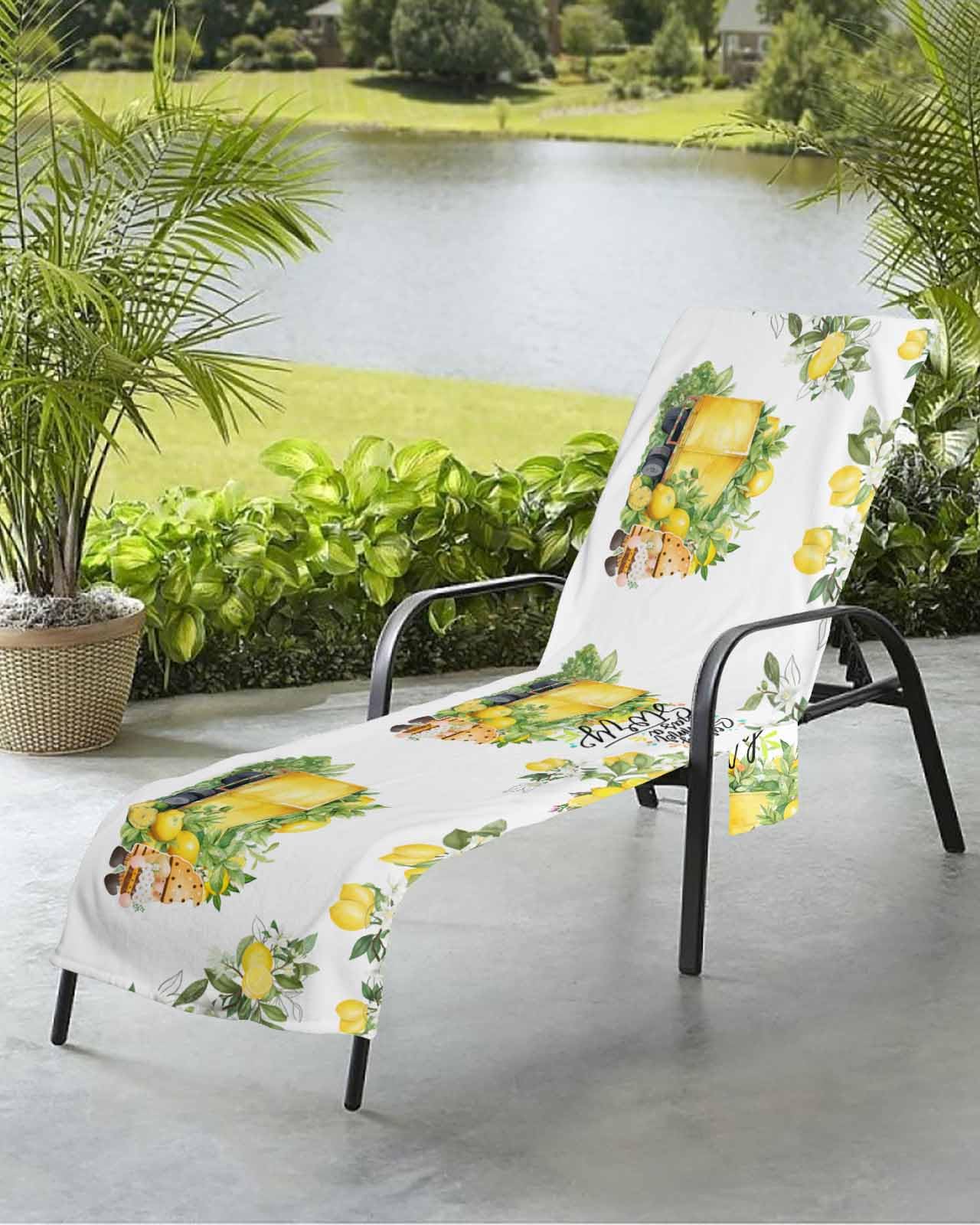 Summer Lemon Beach Chair Towel Covers for Chaise Lounge with Side Pocket, Soft Plush Pool Towels Cover for Patio Sunbathing Outdoor 29''x85'' Spring Summer Fruit Gnomes Yellow White
