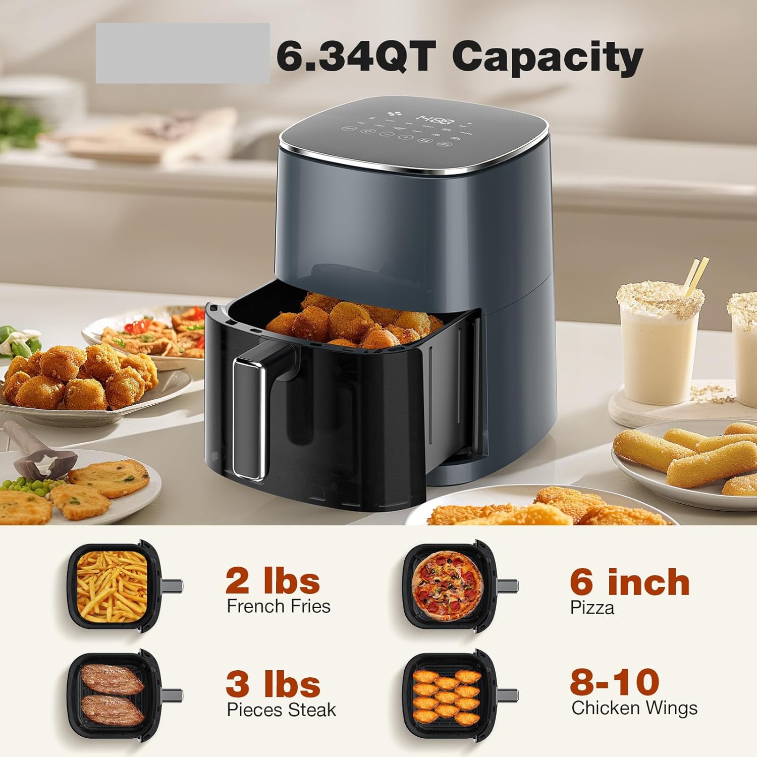 Air fryer capacity examples: 2 lbs French Fries, 3 lbs Pieces Steak, 6 inch Pizza, 8-10 Chicken Wings.