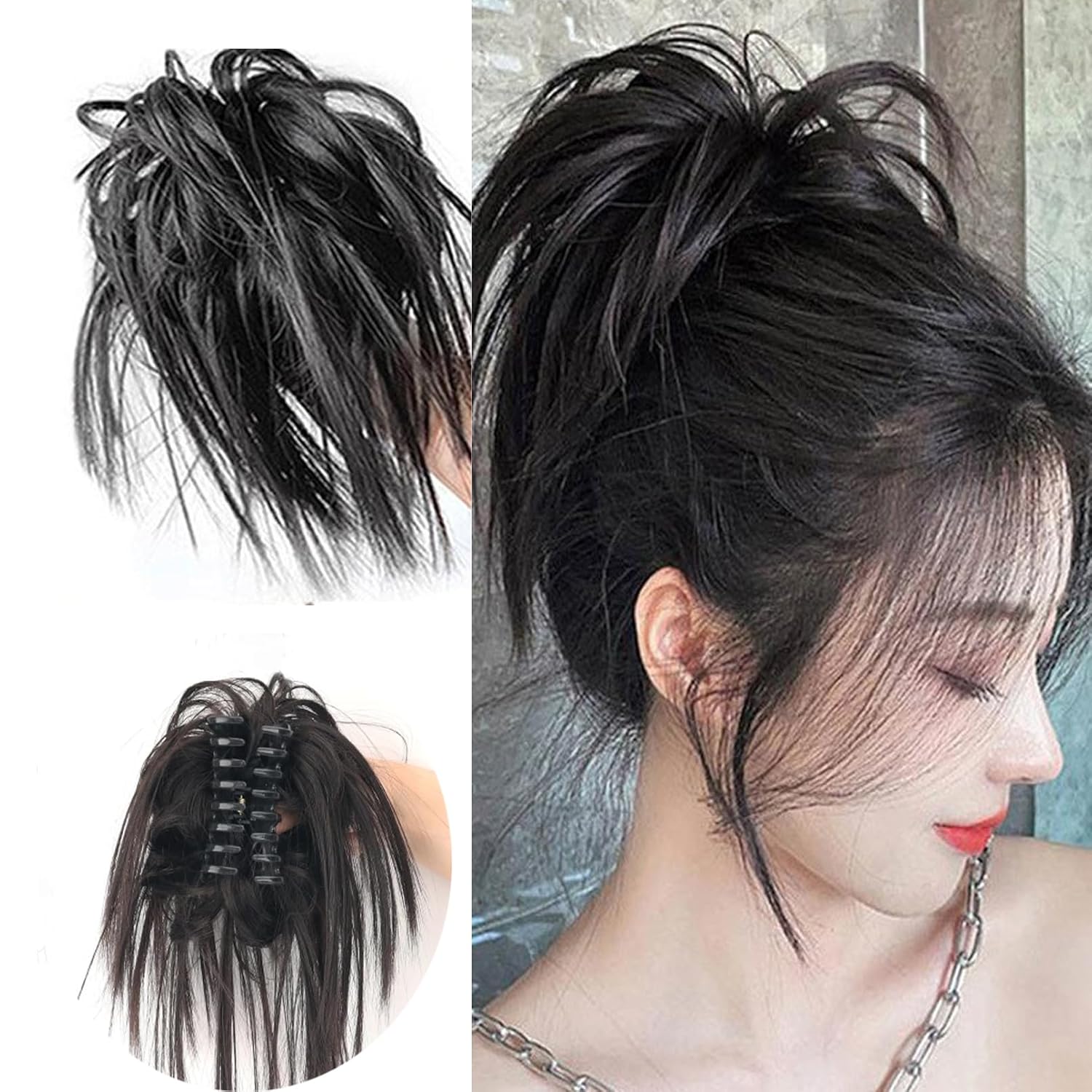 Claw Clip Messy Hair Piece Synthetic Wavy Curly Chignon Hair Extension Ponytail Hairpieces for Women (Black Brown)