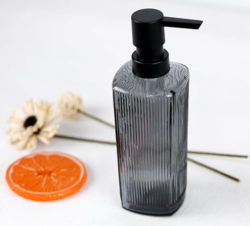 Miniatura 2 de Dispensador de jabón de vidrio de 12 onzas con rayas verticales con bomba de plástico negro a prueba de óxido, pequeño dispensador de jabón