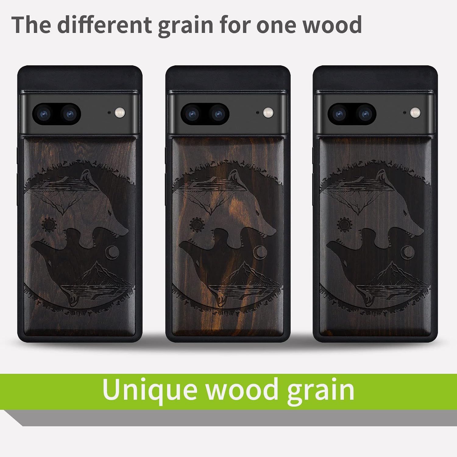 Carveit Wood Case for Pixel 7 Case [Natural Wood & Black Soft TPU] Shockproof Protective Unique & Classy Wooden Cover Compatible with Google Pixel 7 (Yin Yang-Wolf-Blackwood)