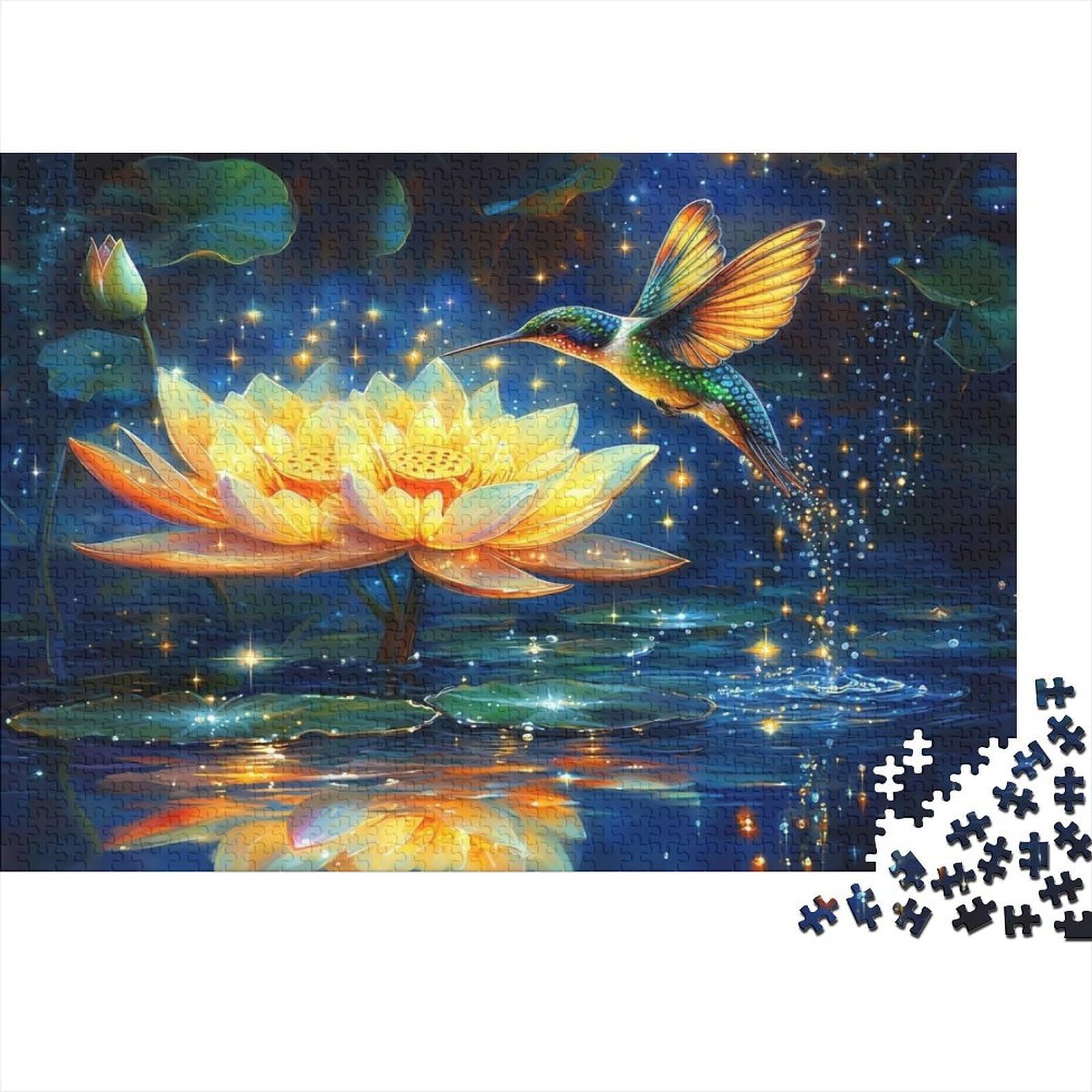 Hummingbird near Lotus 1000 Piece Brain Teaser Puzzle for Adults Kids Recycled Cardboard Letters on Back Glowing Lotus Concentration Game Night 70x50cm/1000pcs
