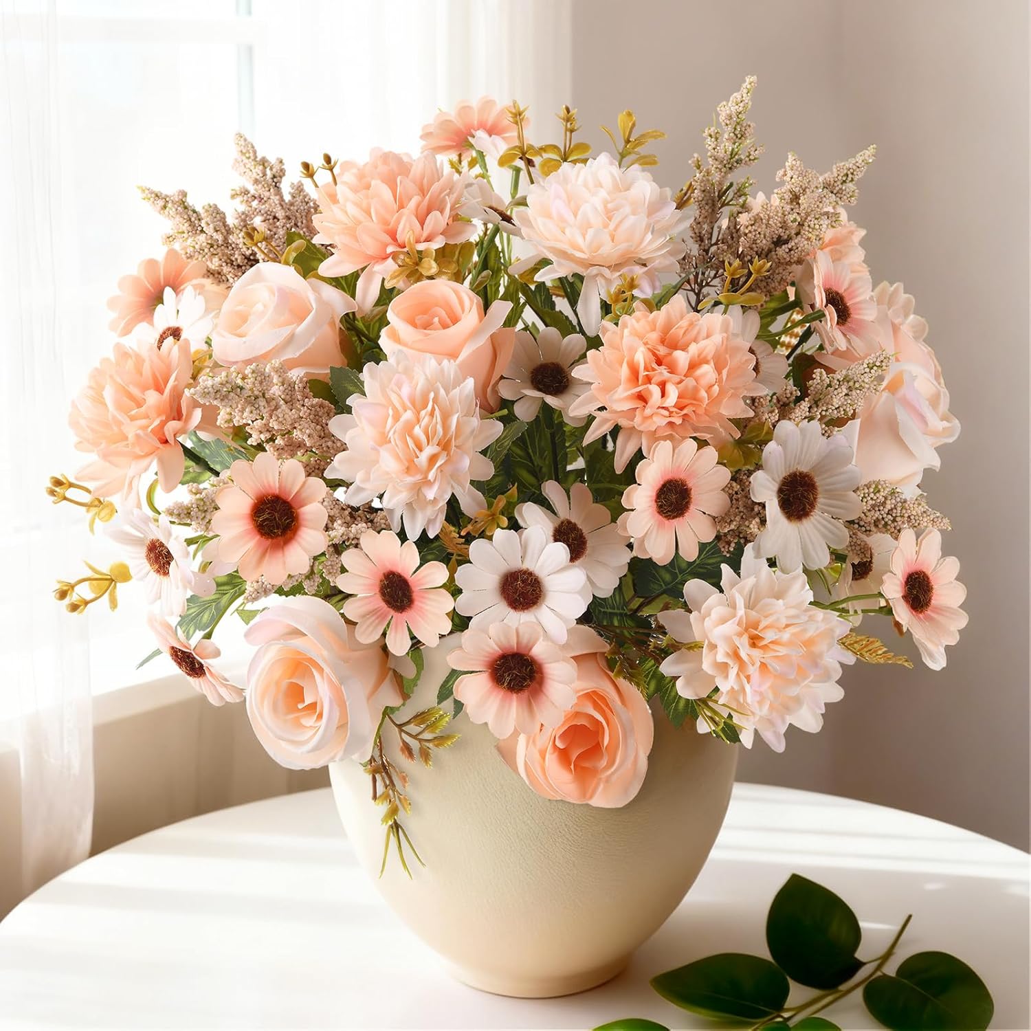 Artificial Fake Flowers for Spring Decoration, 4 Pcs Faux Silk Flower Arrangements Centerpiece for table with Chrysanthemum Rose Daisy Floral Bouquets Office Wedding Patio Porch Indoor Home Decor
