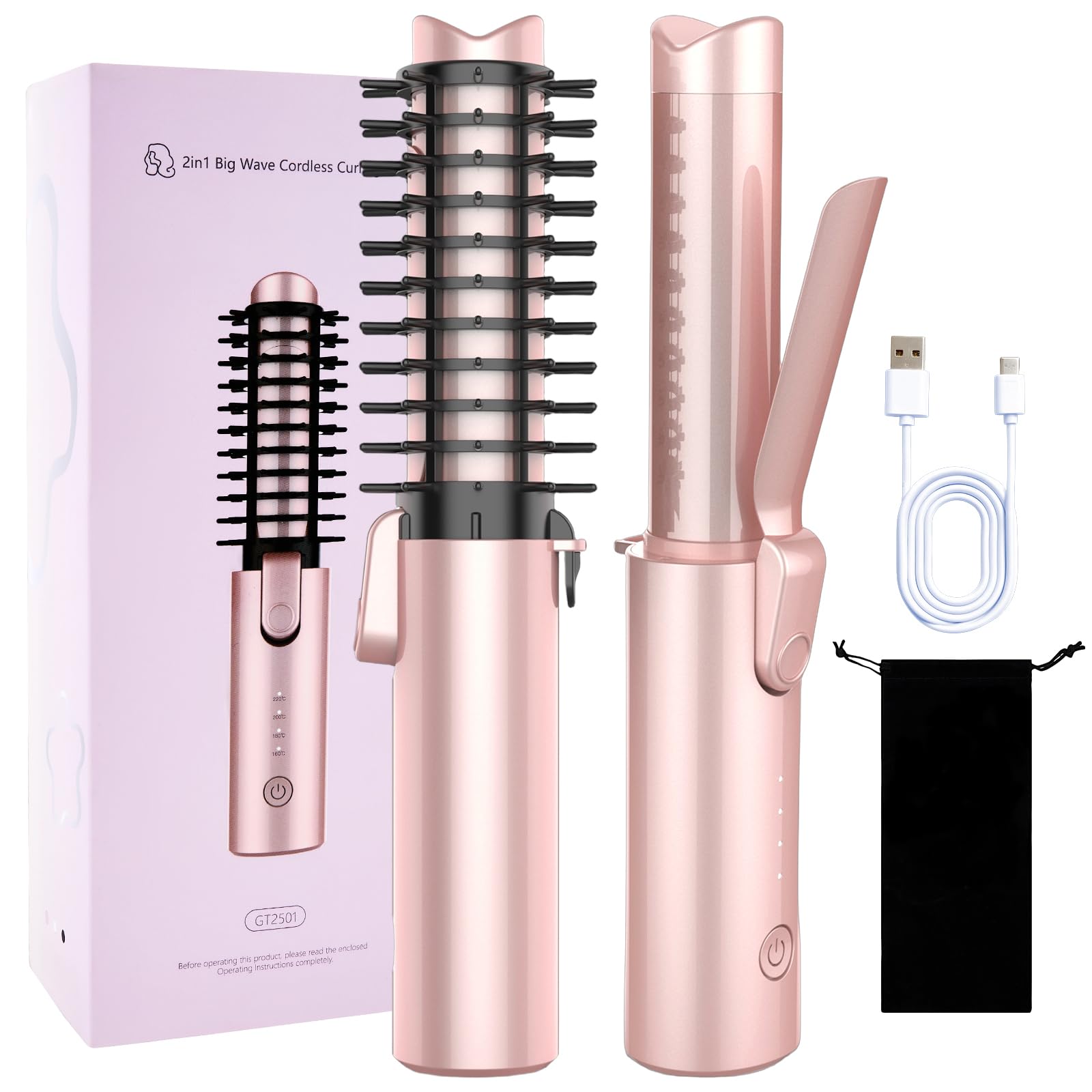 Cordless Curling Iron Brush 3-in-1 Travel Hair Curler Straightener Brush 7000mAh Rechargeable Mini Curling Iron Tool 4 Temperatures