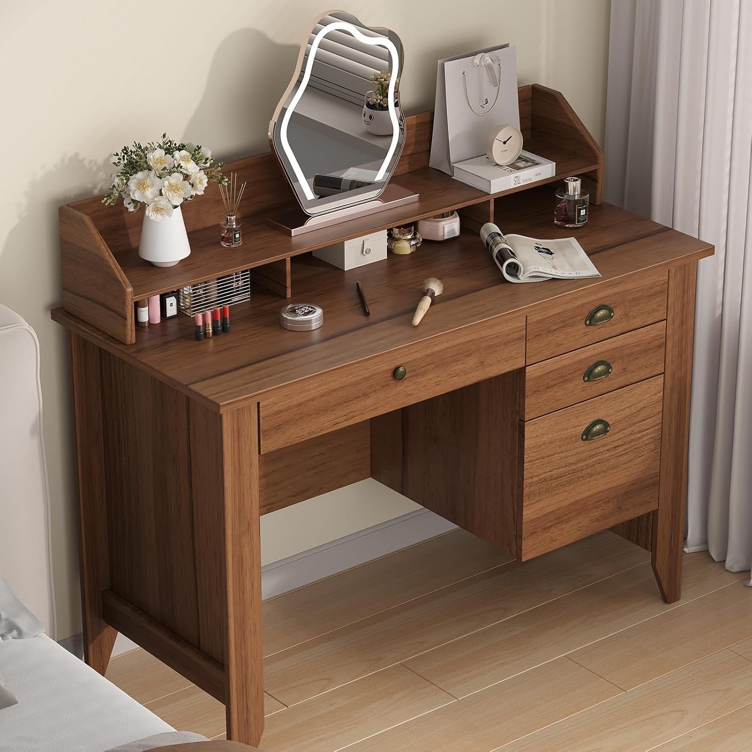 4 EVER WINNER Wooden Desk with Drawers, Small Desk with Monitor Stand and File Drawe, Writing Desk with Drawers for Bedroom Small Spaces, Walnut