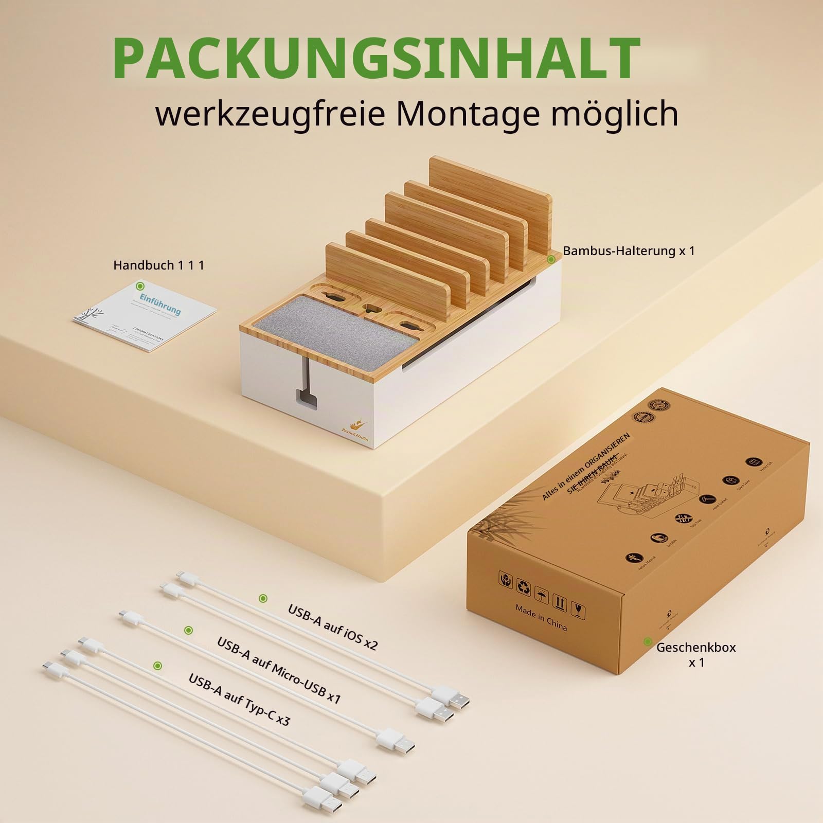 Pezin & Hulin Bambus-Kabel-Management-Box, Draht-Organizer für Kabel, Ladestation, Desktop-Dock-Organizer-Rack für elektronische Geräte (inkl. 6 Kabel) (ohne Netzadapter) – Natur + Weiß