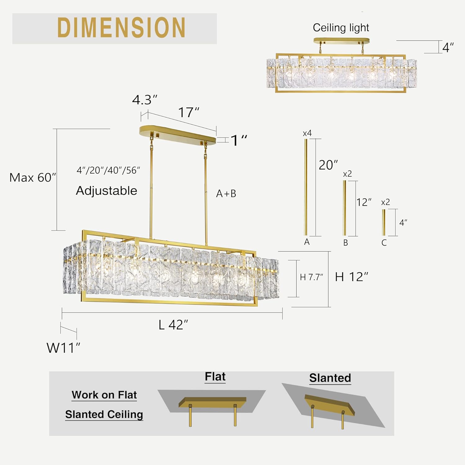 Detailed dimension diagram of the IKK chandelier with adjustable height options