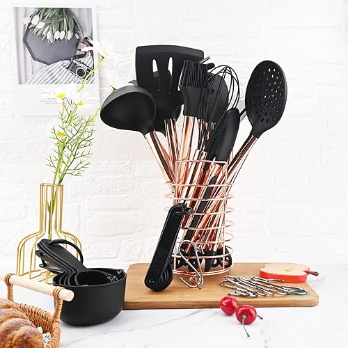 Miniatura 8 de BRIIEC Juego de 12 utensilios de cocina de cobre y negro con soporte, juego de espátulas de silicona con mango de acero inoxidable de oro rosa,