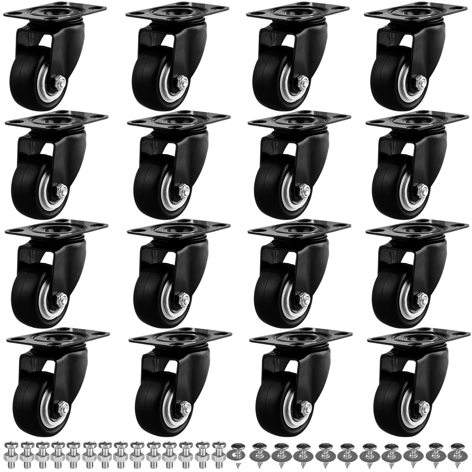 2" Casters Set of 16 Heavy-Duty Industrial Caster Wheels Double Ball Bearing Swivel Casters PU Noiseless for Workbench, Furniture, Plate Castors Black