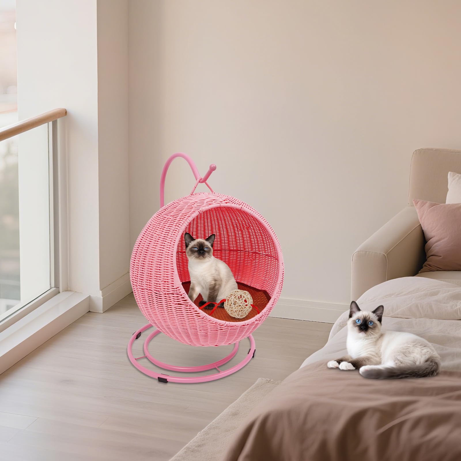 Katzen Schaukel Rattan Katzenschauckel bis 7,5 kg / 16,53 lbs, Federung Katzenbett Schaukelhafte Katzenstuhl für drinnen, Katzenkorb mit Kissen und Kratzbrett, 31cm Türdurchmesser (Pink)