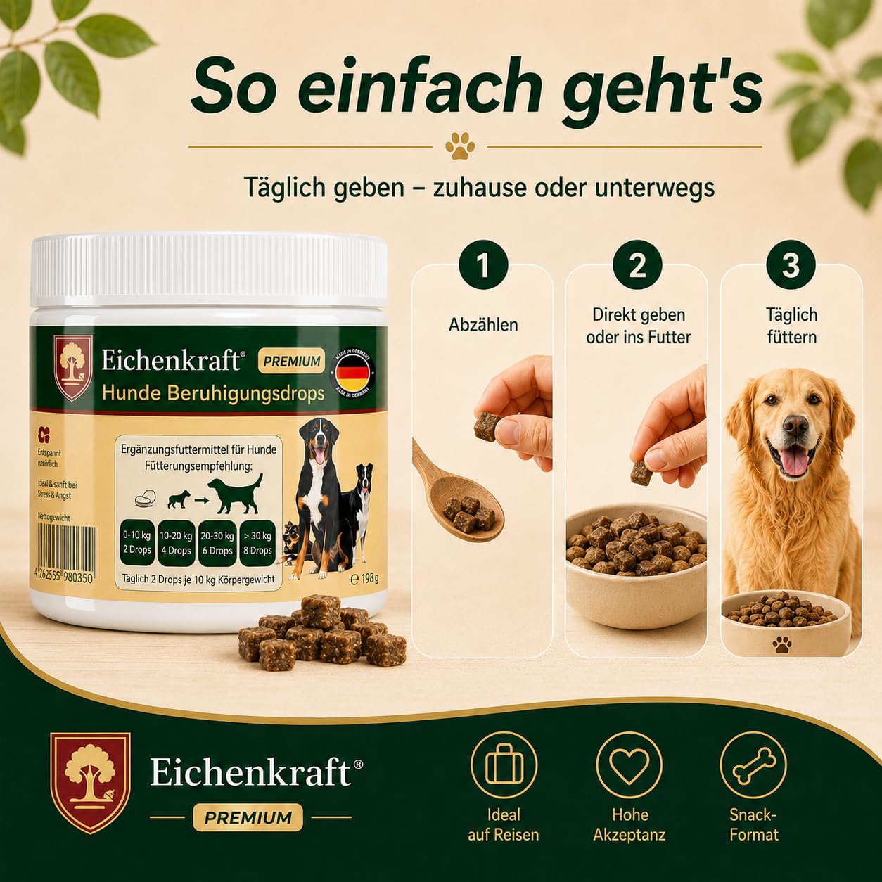 Hunde Beruhigungs Drops 270g | Kausnacks Hund für Beruhigung & Entspannungs- Anti-Stress-Mittel mit Baldrian, Ashwagandha, Johanneskraut, Hund beruhigen, Silvester, Autofahrt, Stress, Leckerli