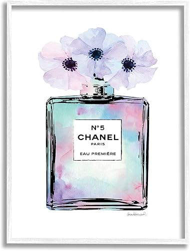 Stupell Industries Perfume de flores moradas Glam Fashion, diseño de Amanda Greenwood - Arte de pared enmarcado en blanco, 11 x 14, azul,