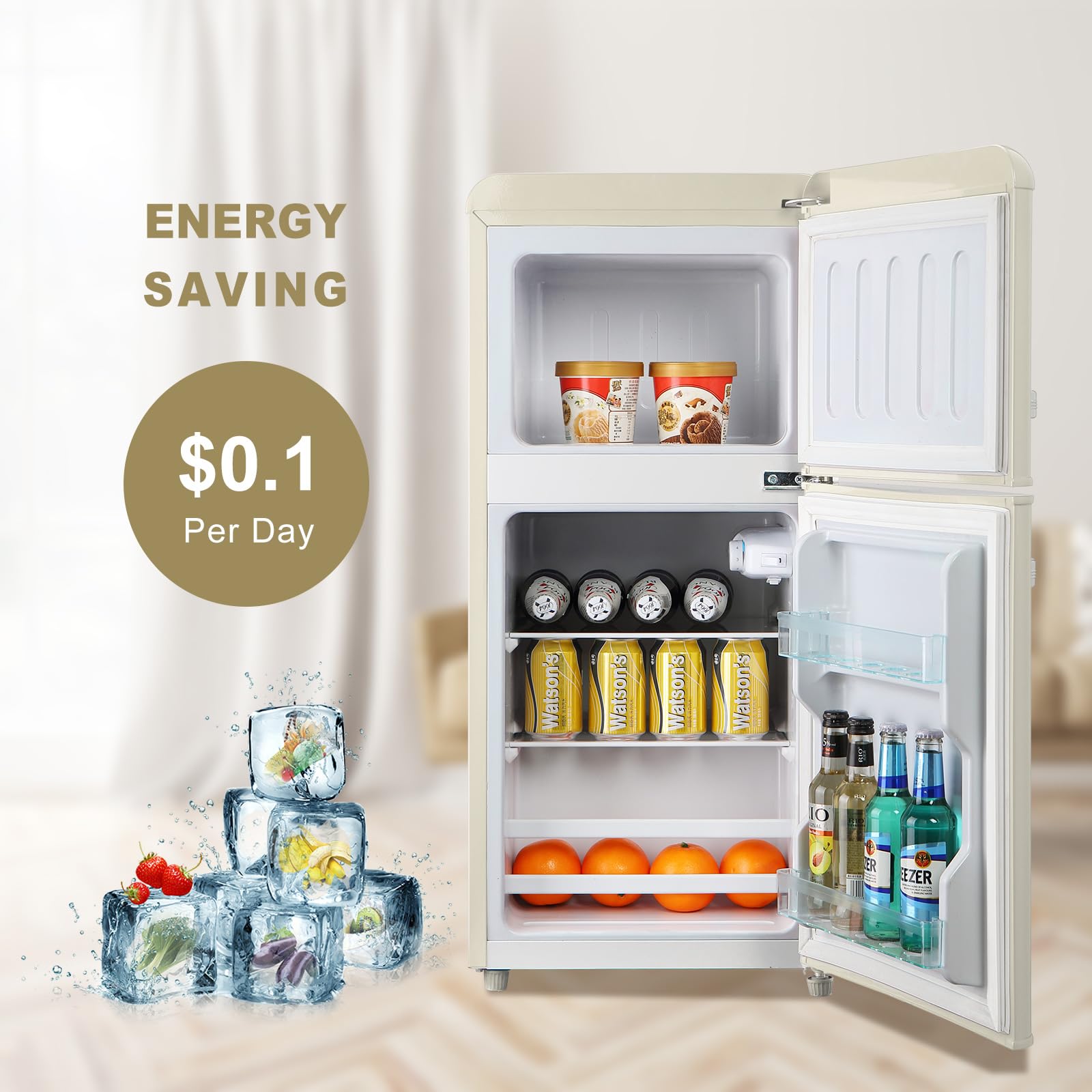 Drixno Retro Fridge With Freezer Mini Cream White 3.5 Cu.Ft Compact Refrigerator Small For Bedroom, Office, Dorm, RV, Apartment 2-Door Design on Fridge.com - View 6