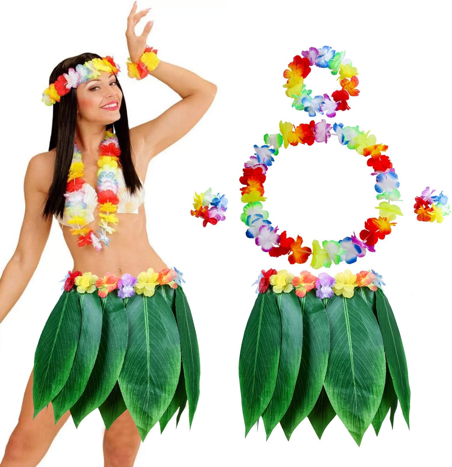Hileyu Hawaiian Fancy Dress Leaf Skirt Kit for Hawaii Luau Party, Adult Women and Men with Artificial Hibiscus Flowers Costume Beach Hawaiian Luau Tiki Party