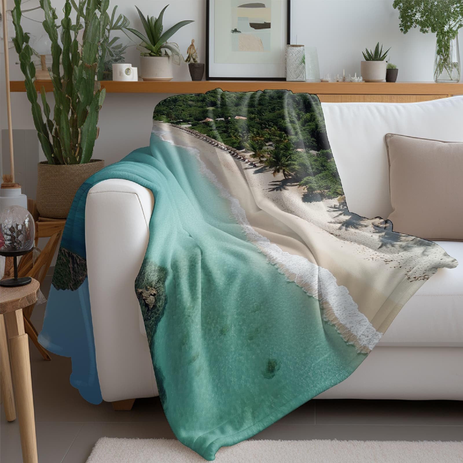 Plaid Couverture Polaire Flanelle, Jeté de Canapé 180x200 cm OcéAn des Montagnes Vertes Couverture lit 2 Personnes, Couverture Grand Chaud et Doux en Flanelle pour Toutes Les Saisons, Paysage Naturel