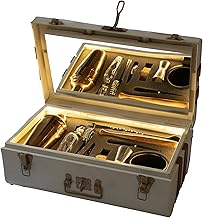 HAUS OF BARS by SpeedX - Portable Trunk Bar, Your Personal Carry On Bar in a Box with Glass Hip Flask, Cocktail Shaker, and More - Elevated Drinking Experience Matt Gold with Tan Leather Stripes
