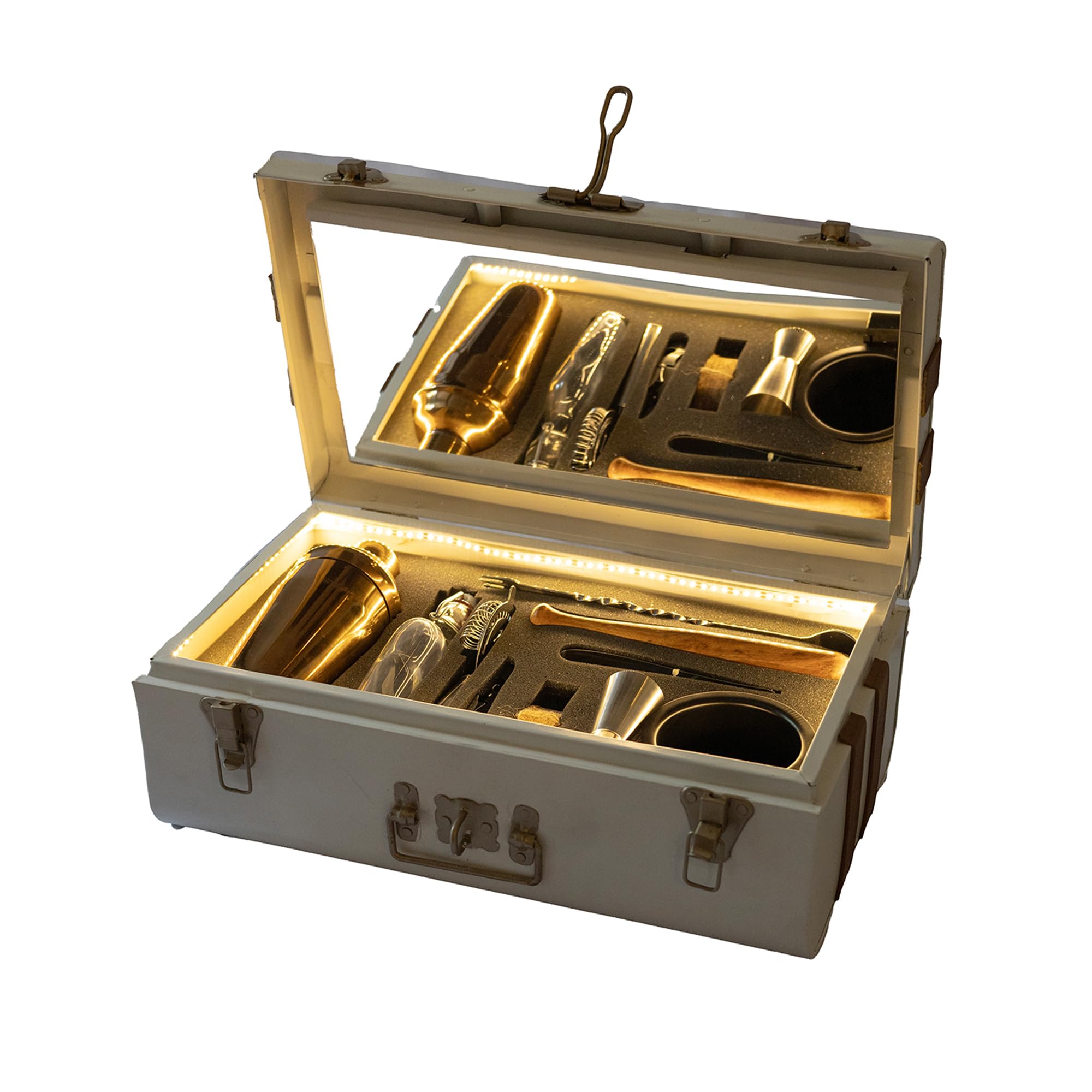 HAUS OF BARS by SpeedX - Portable Trunk Bar, Your Personal Carry On Bar in a Box with Glass Hip Flask, Cocktail Shaker, and More - Elevated Drinking Experience Matt Black with Tan Leather Stripes-image-31