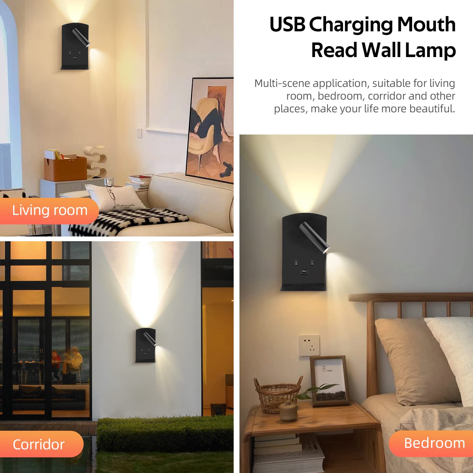 Lampada da parete a LED, lampada da lettura sul comodino con interruttore, porta di ricarica USB, applique da parete per interni, applique da parete con rotazione a 360°, lampada da comodino 12W