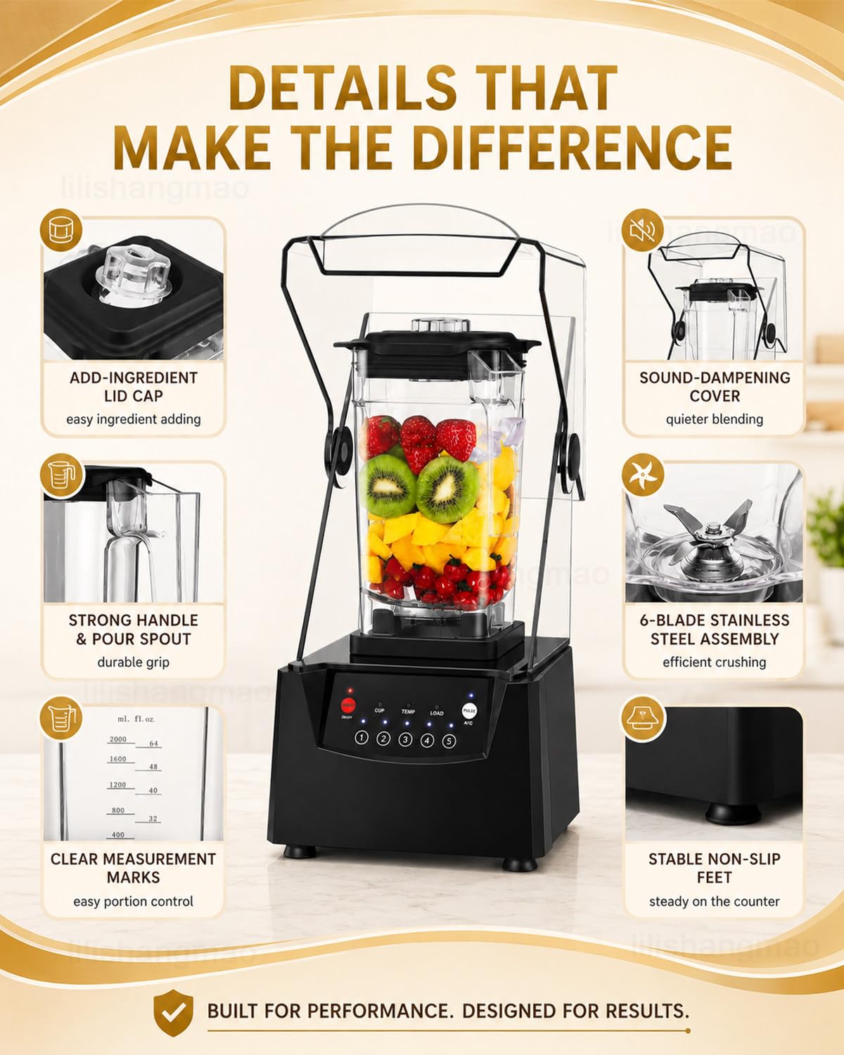Blender Gastronomiczny do Smoothie i Lodu, Profesjonalny Mikser 2200 W z Kielichem 1,8 L, 6 Ostrzami ze Stali Nierdzewnej, Osłoną Wyciszającą i 5 Programami do Kawiarni, Baru, Klubu