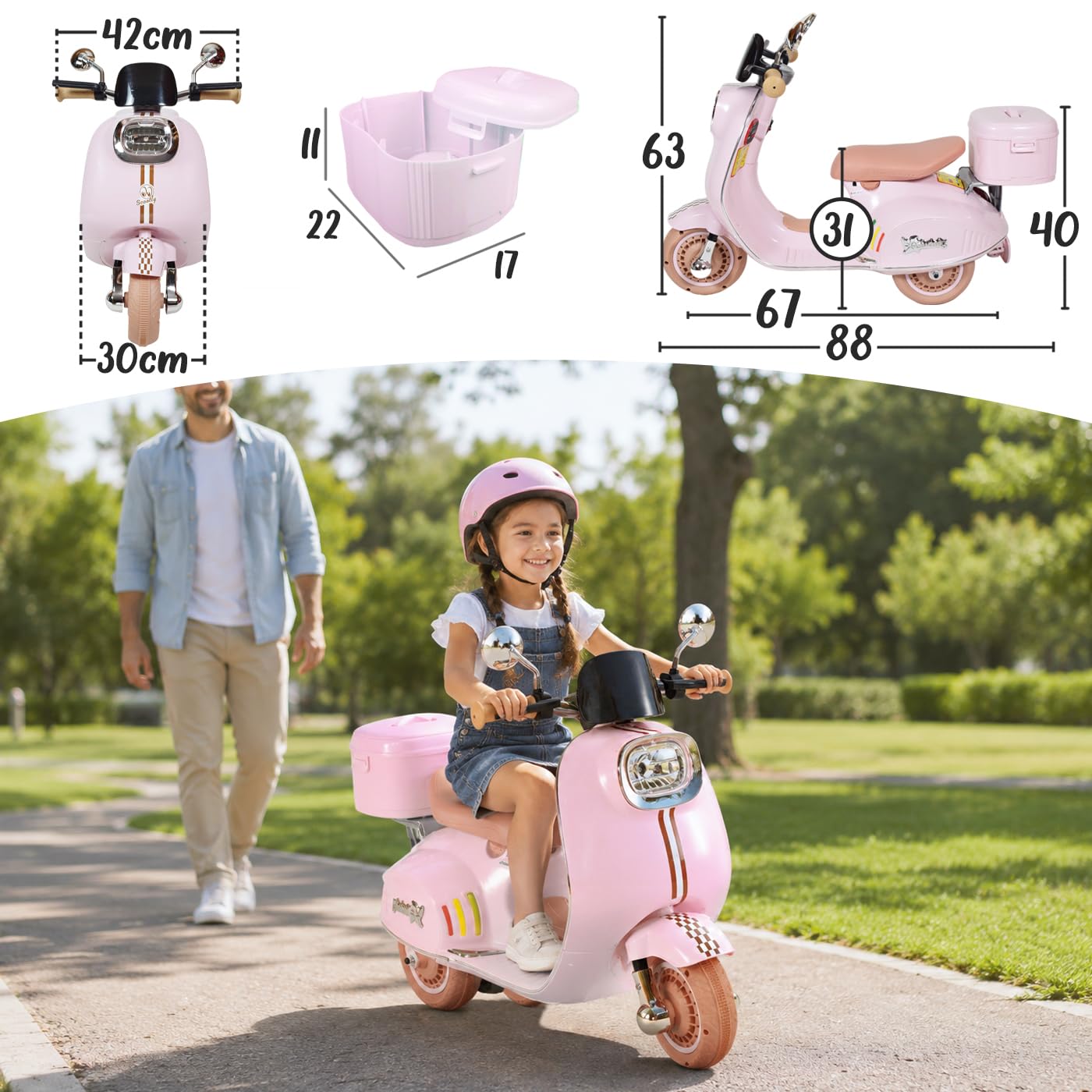 Twinly - Moto Eléctrica para niños SCOOTLY - Motocicleta Infantil con Mando a Distancia- Cargador y batería 6V hasta 40min – Acelerador de Pedal - Maletero, USB, luz y MP3 Bluetooth (Rosa)