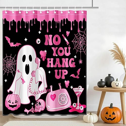 Miniatura 6 de Mocsicka Juego de cortinas de ducha de Halloween con cara de fantasma, estilo curciano, estilo gótico, juego de cortina de ducha de terror rosa con
