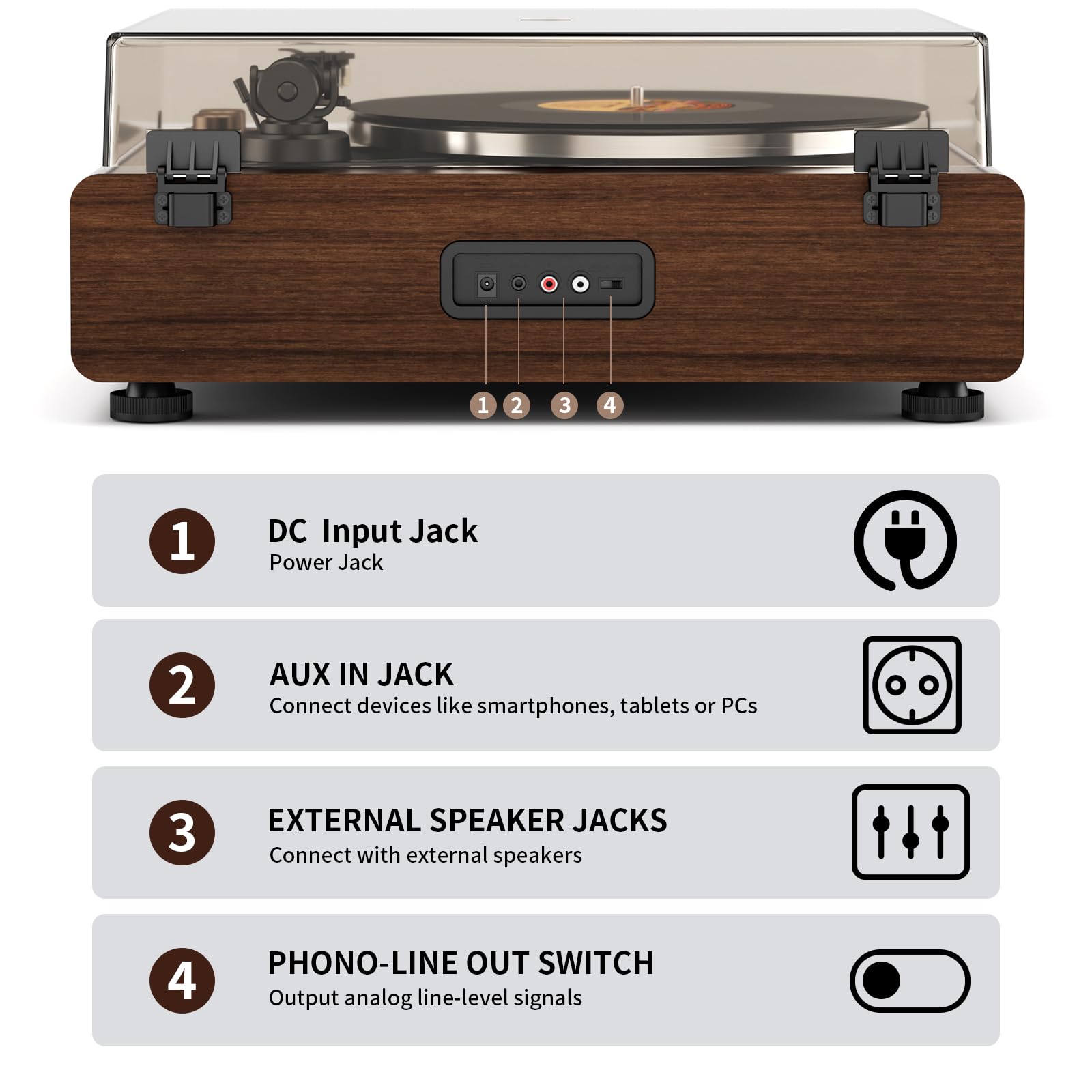Giradischi Bluetooth HiFi, Giradischi Vinili a Cinghia 33/45 RPM con Testina AT-3600L, Altoparlanti Integrati, Ingresso AUX/RCA, Auto-Off