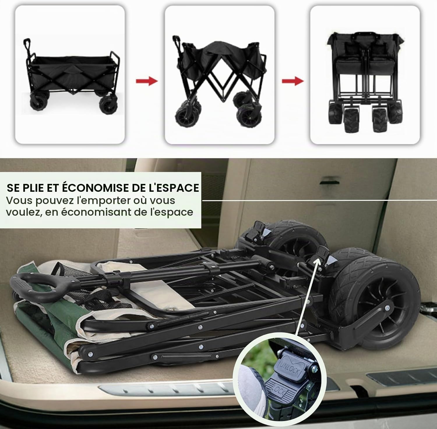 𝗖𝗵𝗮𝗿𝗶𝗼𝘁 𝗽𝗼𝘂𝗿 𝗹𝗮 𝗣𝗹𝗮𝗴𝗲 Pliable pour le Camping, le Pique-Nique, etc. Chariot Transformable en Table de Jardin. Chariot de Transport avec sac et Poignée Réglable. Brouette avec Freins.
