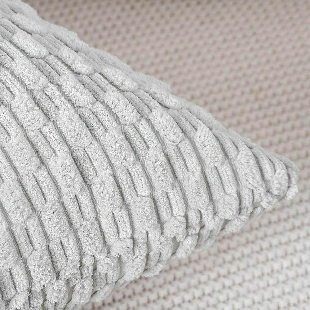 MADIZZ Pack of 2 Corduroy Decorative Throw Pillow Covers 22x22 Inch Greyish White Soft Boho Striped Couch Throw Pillows for Bed Pillowcases for Sofa Livingroom Home Decor