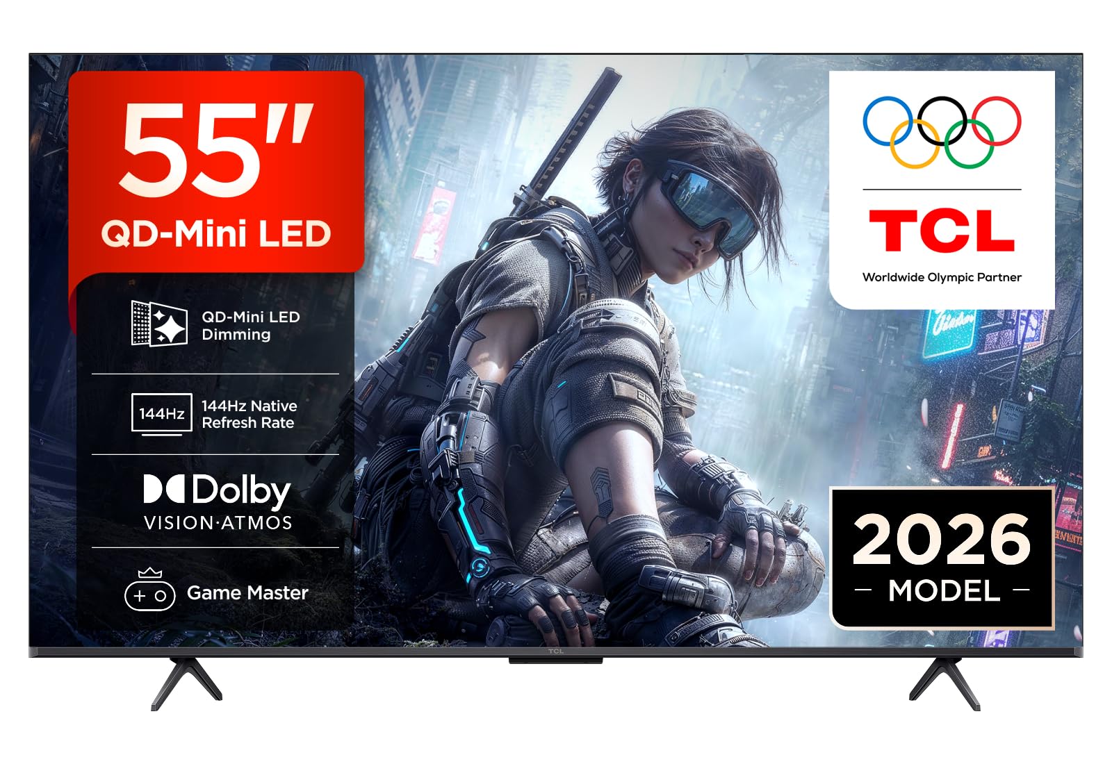 TCL 55T8D 55 Pouces QLED avec QD-Mini LED Dimming 4K HDR Ultra HD TV, Smart Google TV (Dolby Vision, HDR10+ & Atmos, 144 Hz VRR, FreeSync Premium, Game Master, Commande vocale) | FreeSync Premium, Game Master, Dolby Vision, HDR10+, Dolby Atmos, Apple AirP