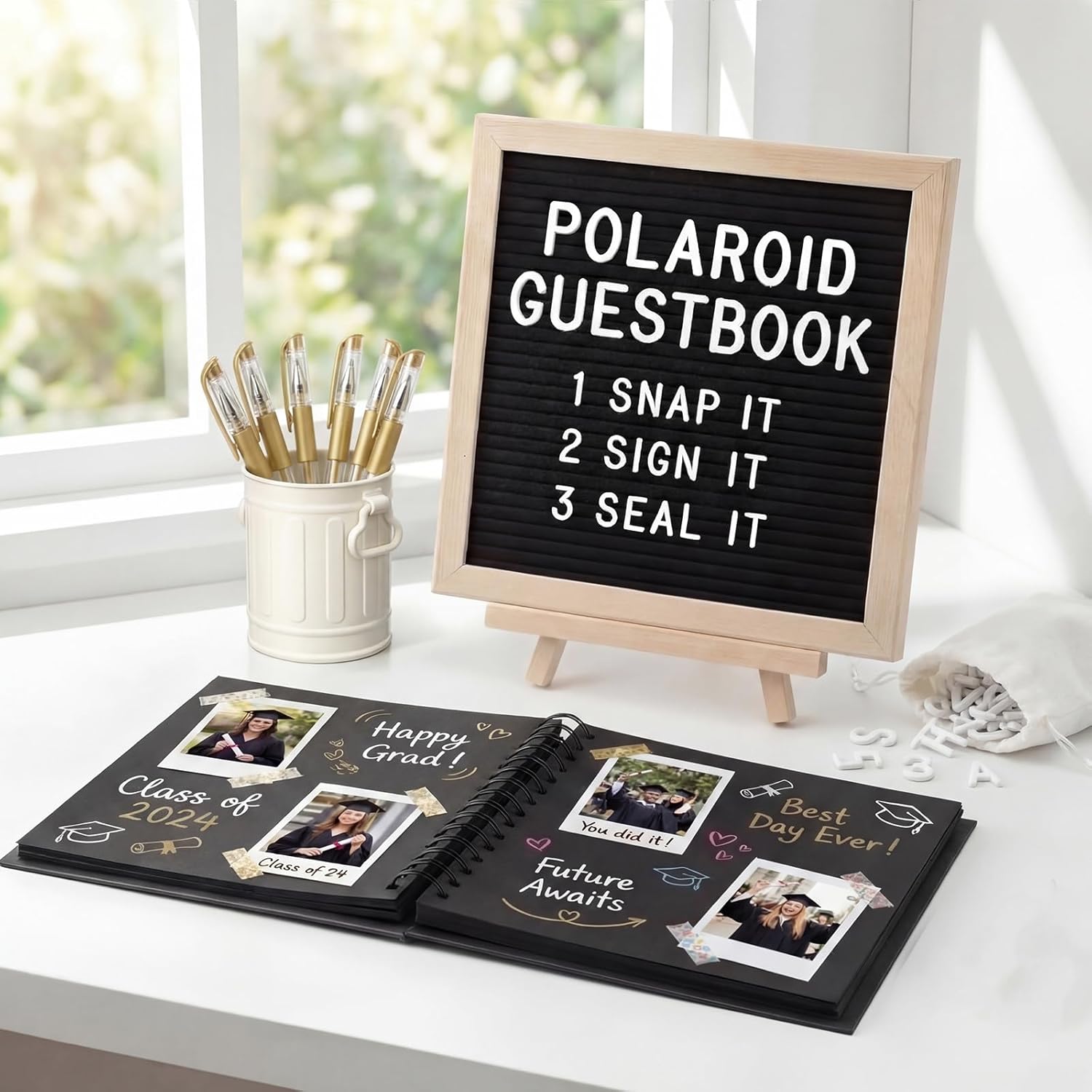 Qeeenar Graduation Photo Guest Book with Black Felt Letter Board DIY Letters Pen Holder Scissor 8 x 8 Inch Graduation Scrapbook Photo Album 100 Pages for High School College 2026 Grad Party Decoration