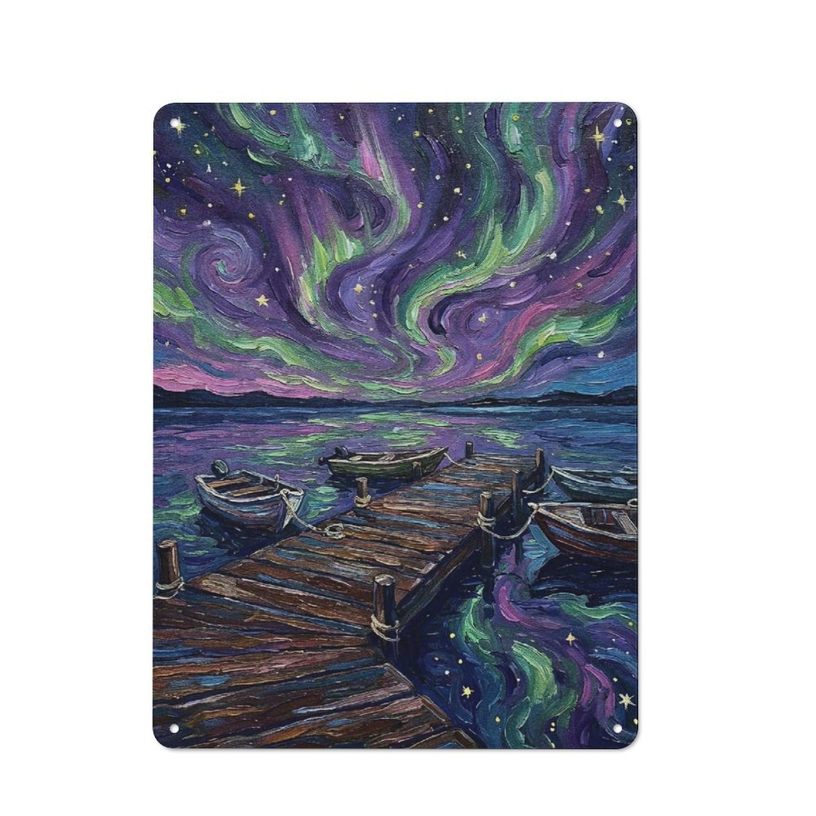 Junmoney Style-14 Aurora Borealis Over Docked Boats Printed Metal Sign 40X30cm For Bar Or Restaurant, New Home Wall Decor For Hospitality Decor Collectors