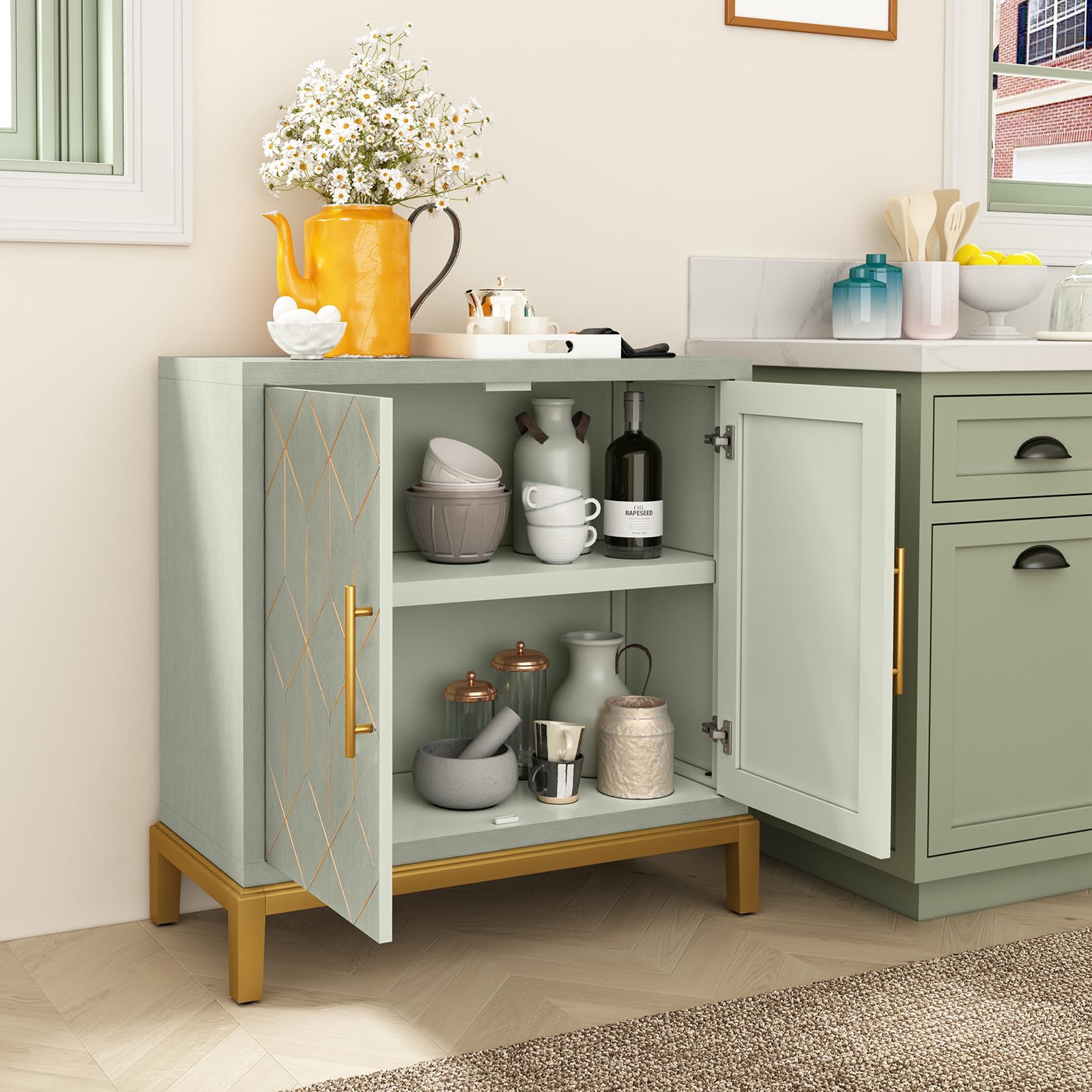 HOLTICO Küchenschrank Garderobenschrank Badezimmerschrank Wohnzimmerschrank Grün mit verstellbarem Regal,Schrank freistehend für Küche,Badzimmer,Wohnzimmer,Garage,goldene Linien und Beine