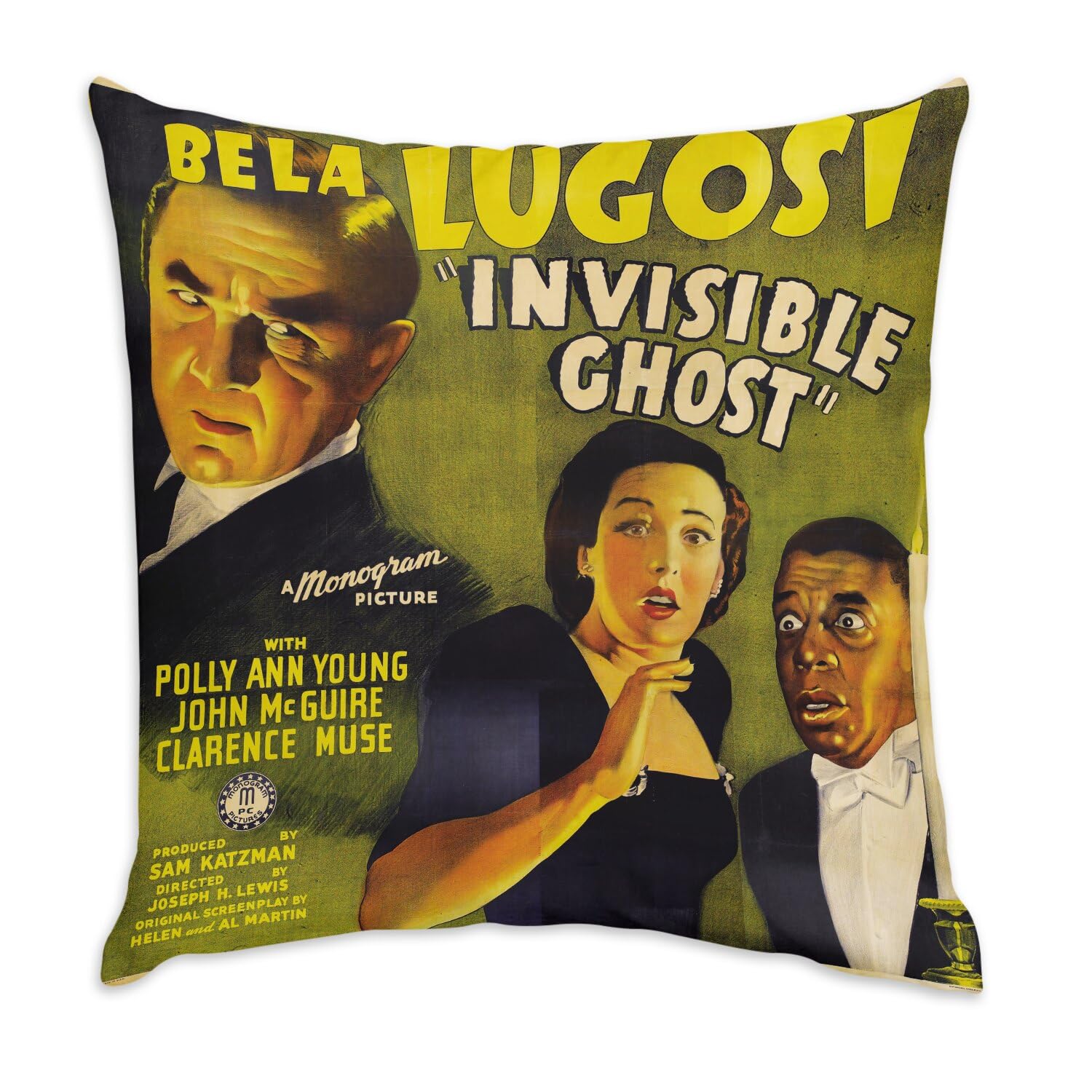 Coussin en velours blanc poster retro Invisible Ghost deco salon vintage