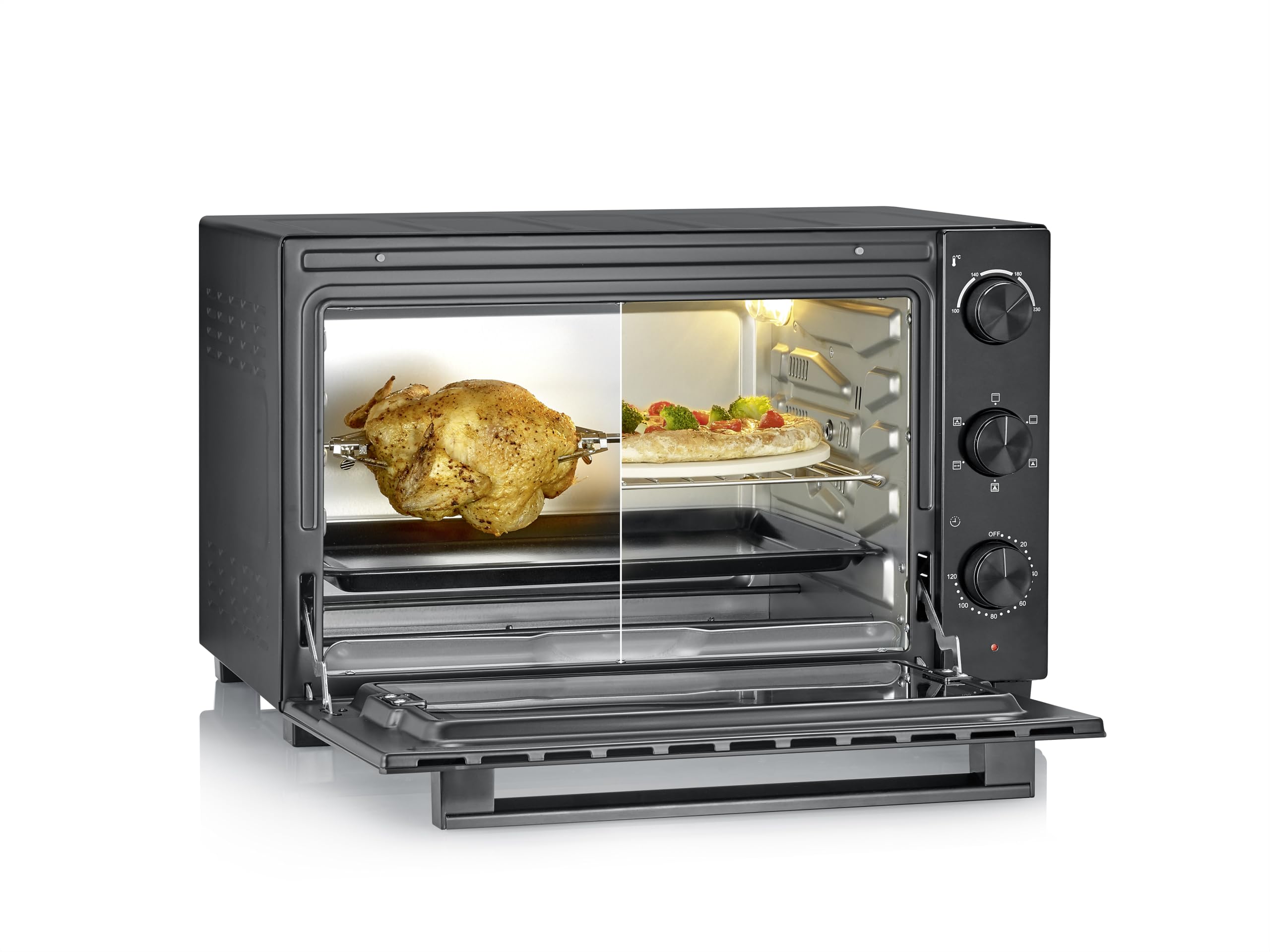 Severin Horno de sobremesa con función de convección, incluye asador giratorio para carne, horno de convección de 46 litros de capacidad, 100-230°C, temporizador de 120 minutos, 1800 W, negro, TO 9025